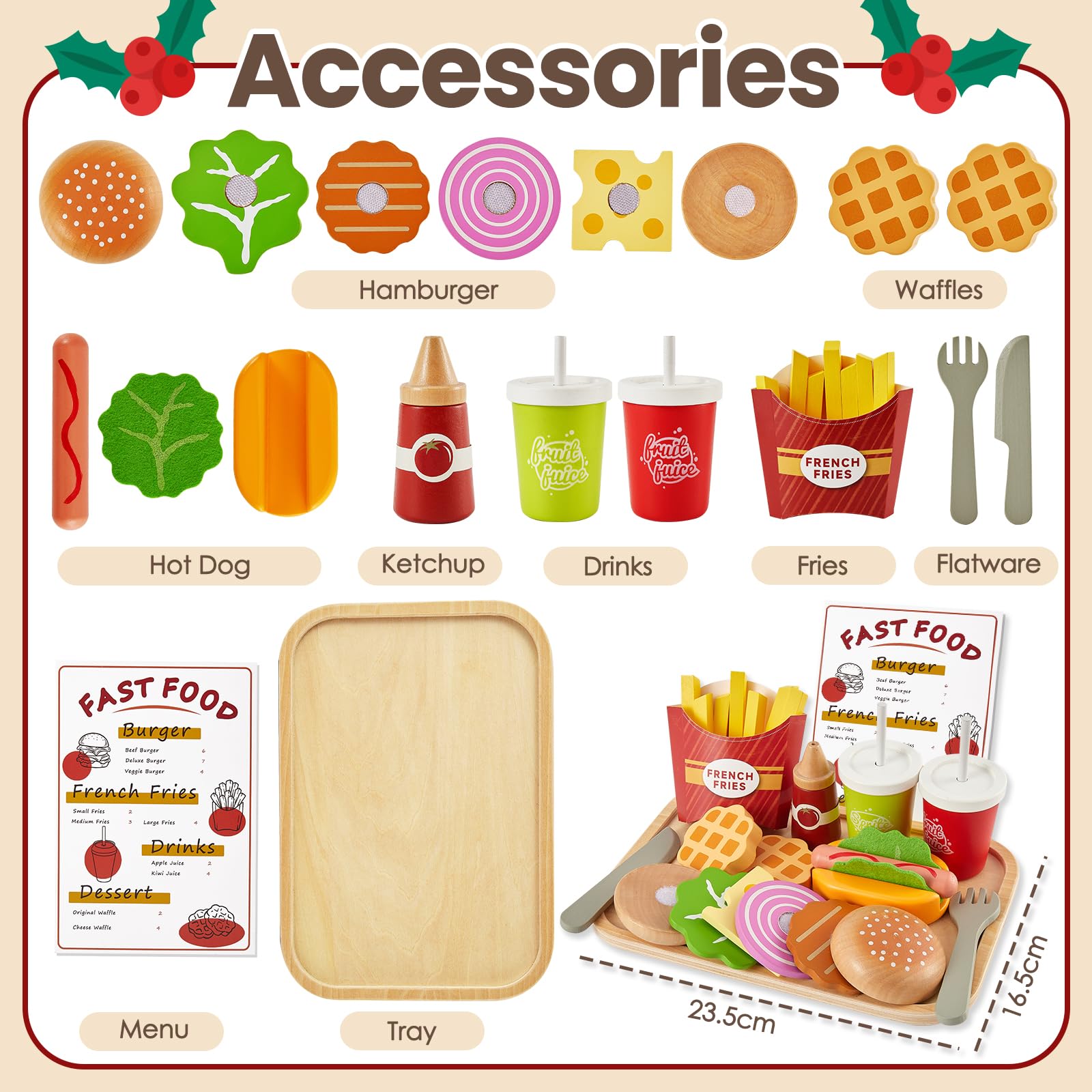 BUYGER Giochi Cucina Legno Giocattoli per Bambini 3 + Anni, Hamburger Hotdog Cibo Finto Giocattoli, Accessori Cucina Bambini, Regalo Compleanno per Ragazzo Ragazza 3 4 5 Anni