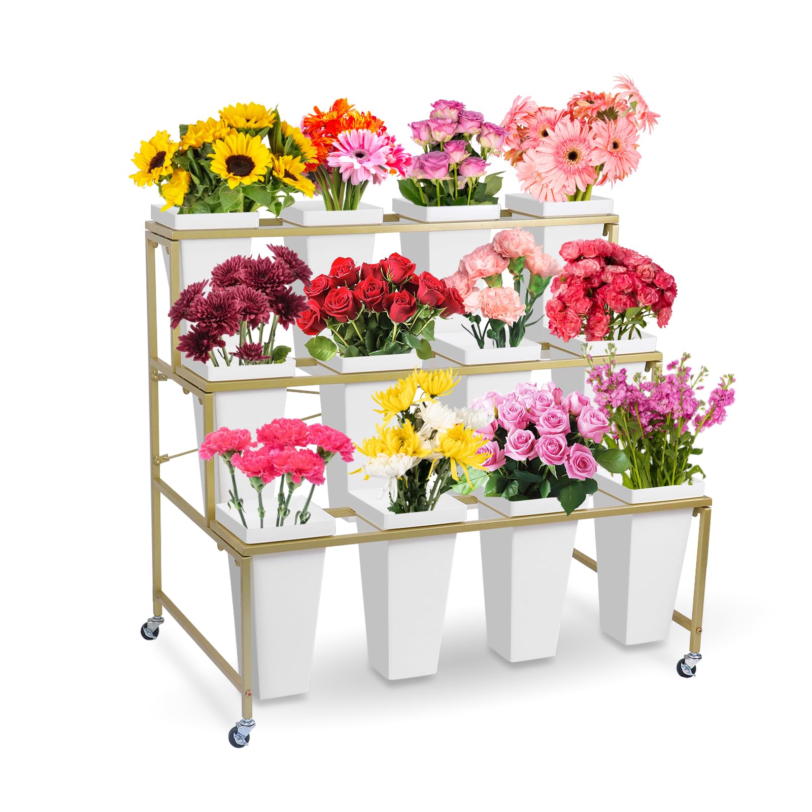 3-Tier Metal Flower Display Stand with 12 Buckets - Heavy Duty Rolling Plant Cart Shelf, Sturdy Mobile Plant Stand for Indoor/Outdoor Garden, Patio, Florist Shop, Living Room, Home Decor (Gold)