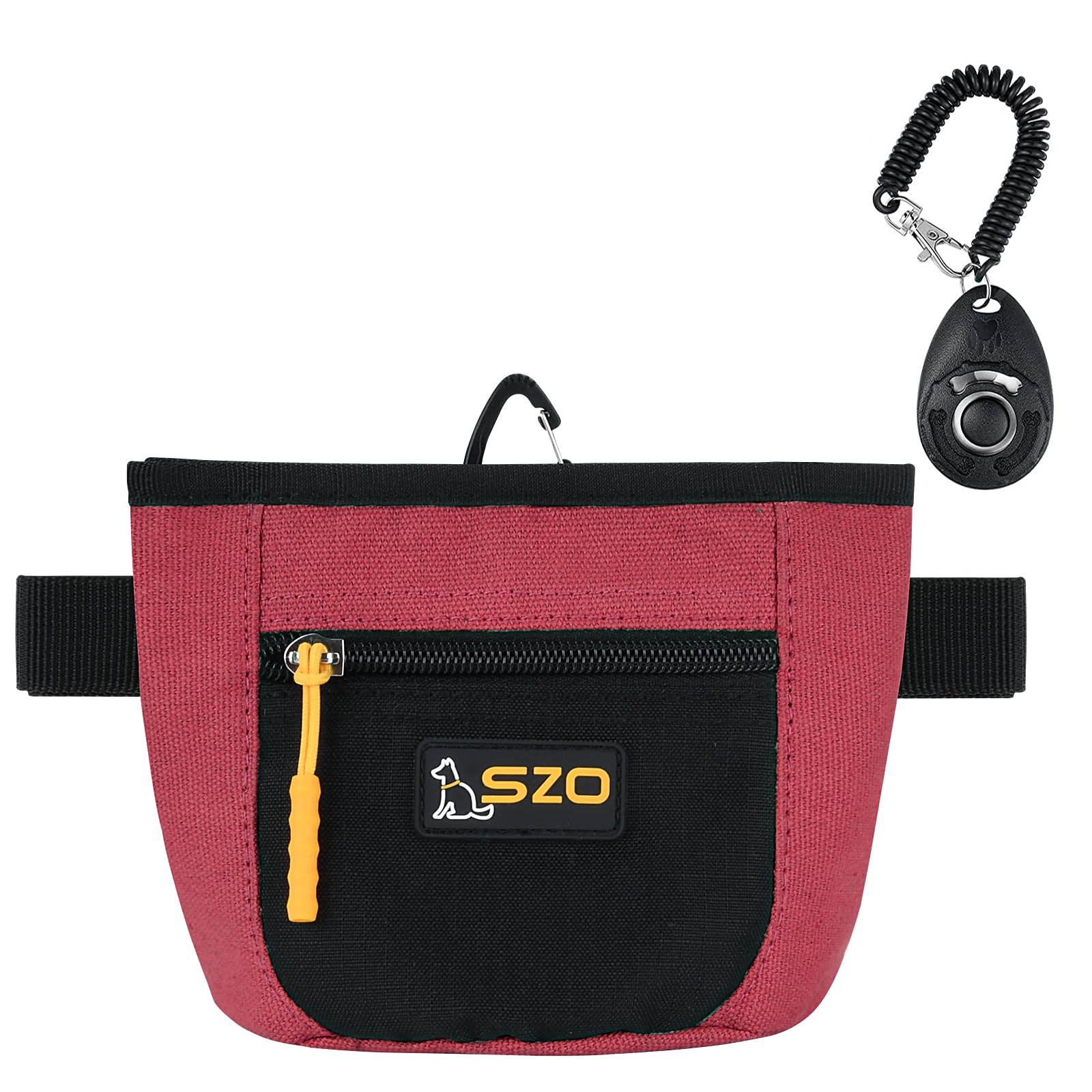 SZO Dog Treat Pouch with Pet Training Clicker, Dog Training Treat Pouch with Waist Belt Clip, Magnetic Closure, Hands-Free Training - Black&Red