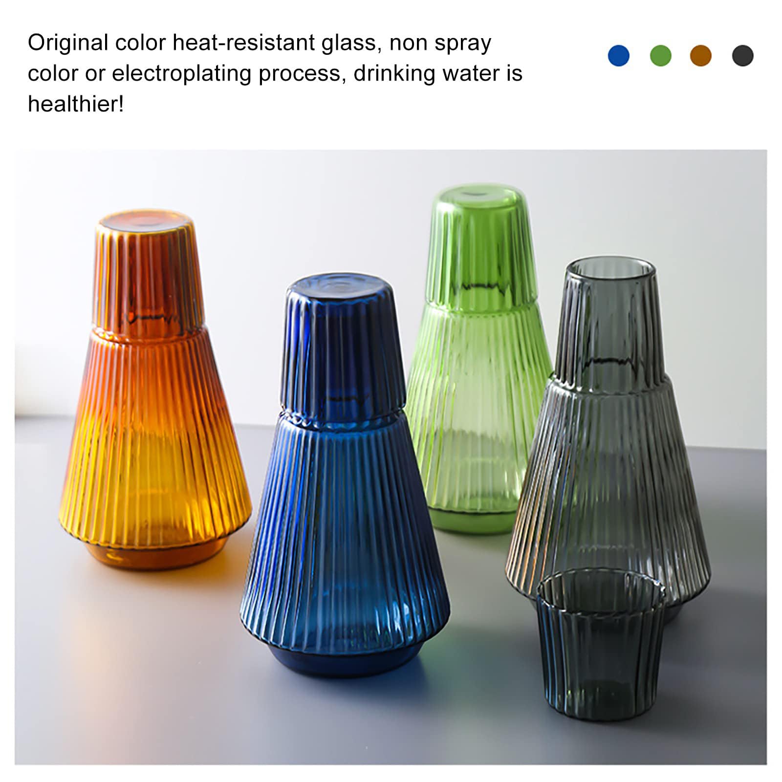 Szklana karafka na wodę i kubek w stylu vintage, klasyczny dzbanek nocny w paski i szklany przezroczysty dzbanek na sok do sypialni, szafka nocna, elegancki zielony design, 970 ml