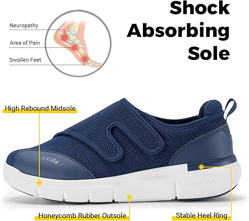 Miniatura 20 de FitVille Zapatos para diabéticos para hombre, de ancho extra ancho, ortopédico, sin cordones, con cierre ajustable, con soporte de arco, Negro,Azul