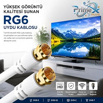 PrimeX Plus PX-TV1 1 Meter RG6 Full HD TV Satellite Cable, Gold end Antenna Cable, DVB-T, DVB-C, DVB-S, DVB-S2 White