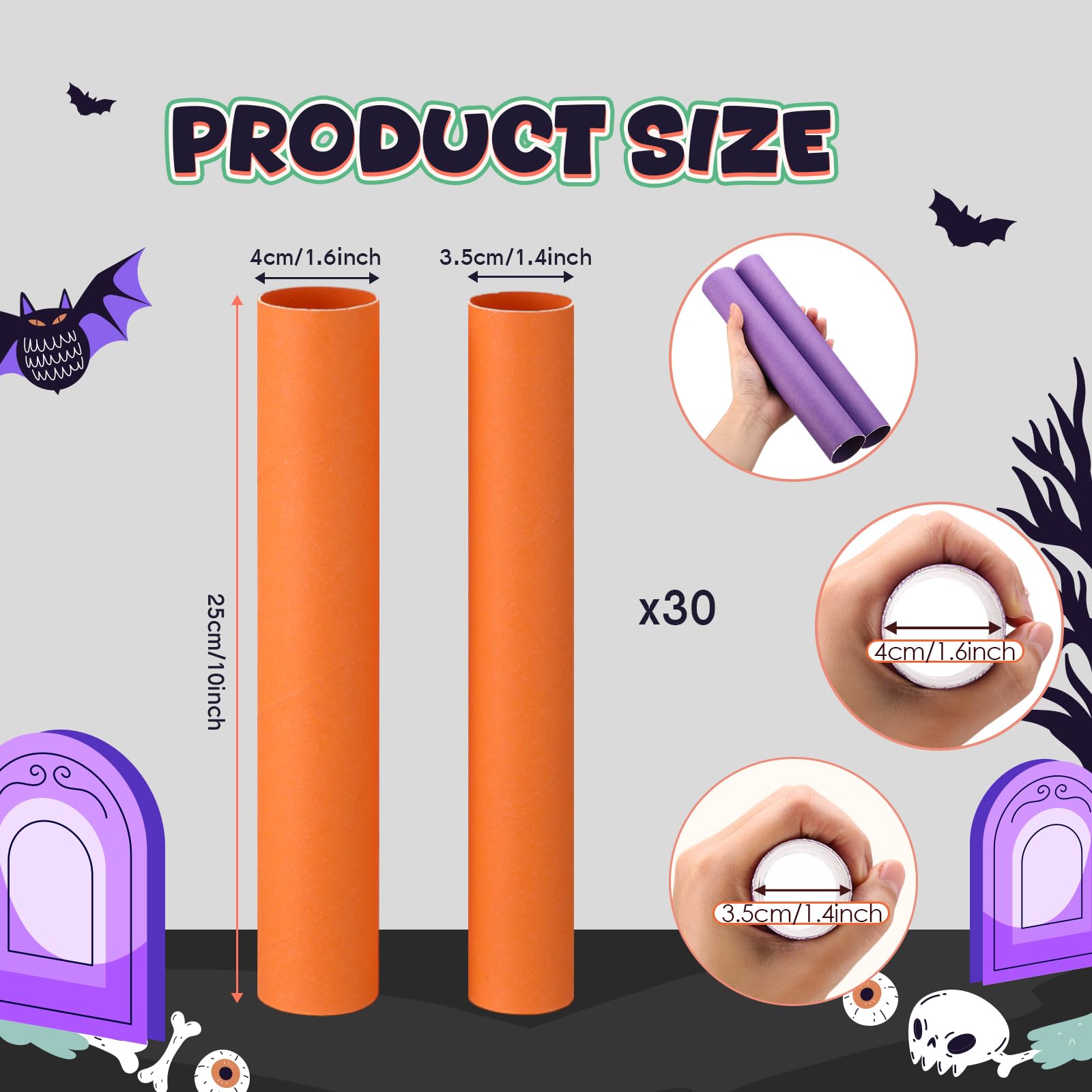 MotiMind 60 tubos de cartón para manualidades, 2 tamaños, rollos vacíos de papel higiénico, tubos de cartón a granel para proyectos de bricolaje en el aula (Halloween, 1.4 x 10 pulgadas, 1.6 x 10