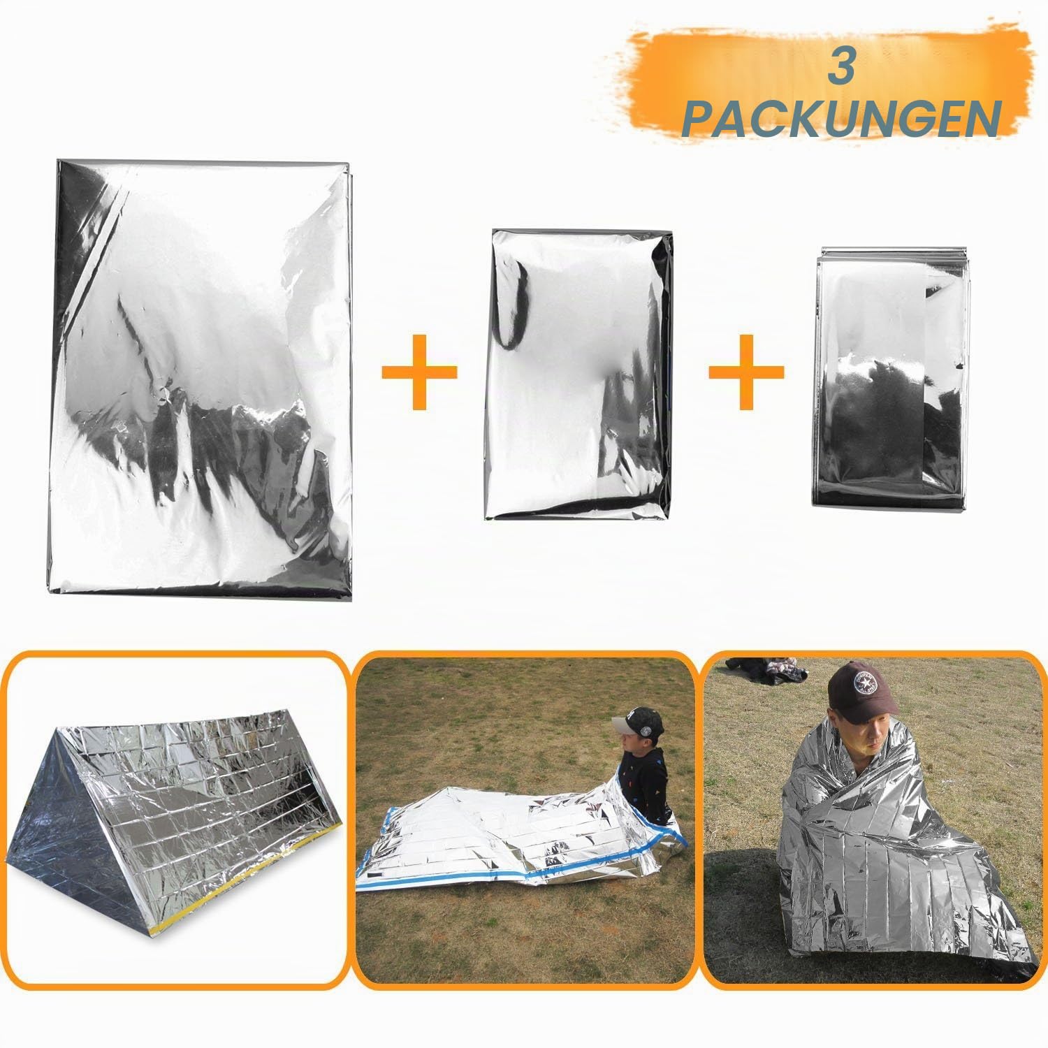 Wady 3-in-1 Notfall-Decke, -Zelt und -Schlafsack, Hitze-reflektierend, wasserdicht, Mylar, Thermo-Schutz, Überlebensausrüstung zum Camping/Wandern