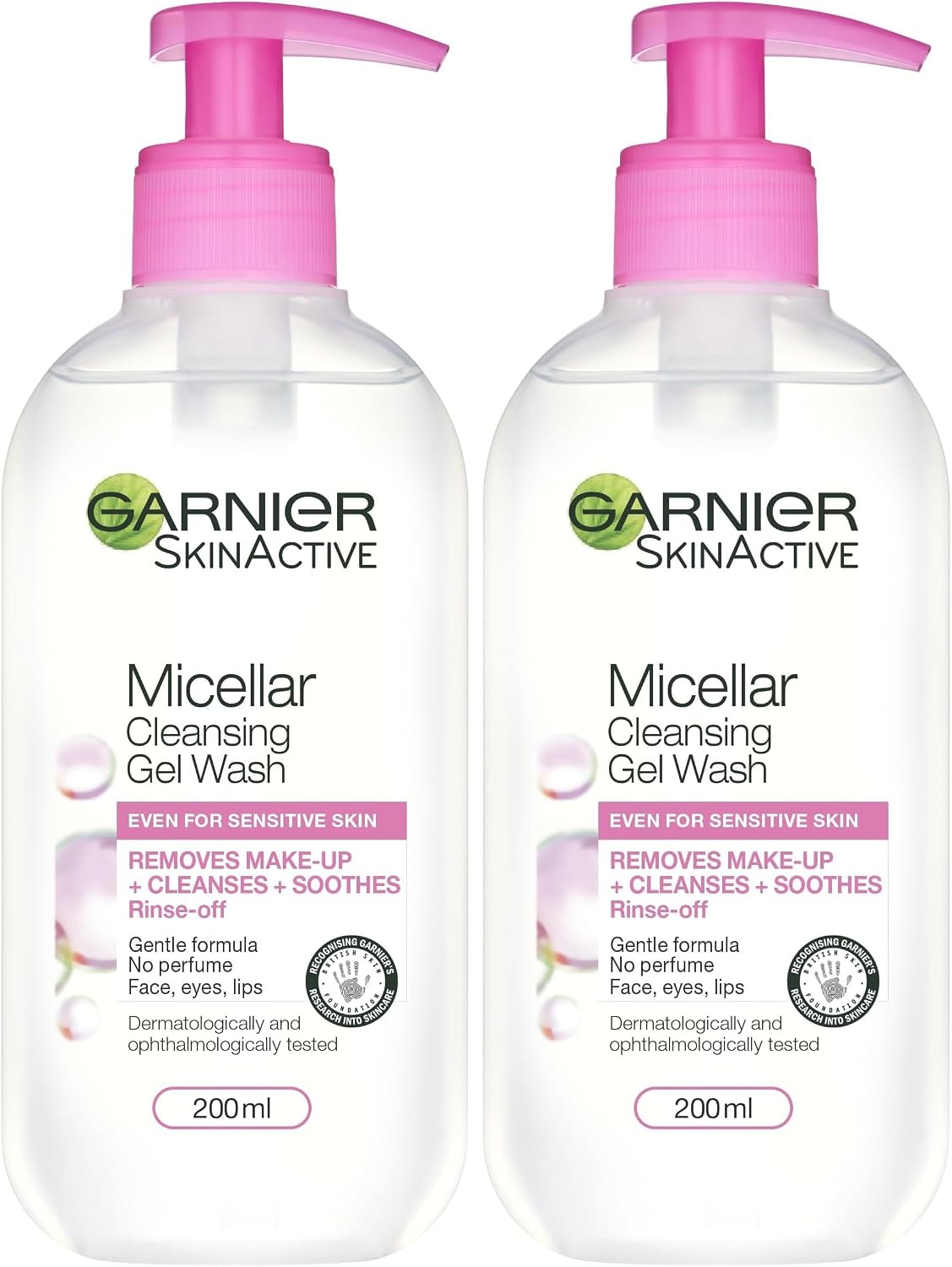 Garnier Micellar Gel Face Wash For Sensitive Skin 200ml, Gentle Face Cleanser & Makeup Remover, Recognised By The British Skin Foundation, Rinse-Off, Non-Drying & Fragrance Free Formula Pack of 2