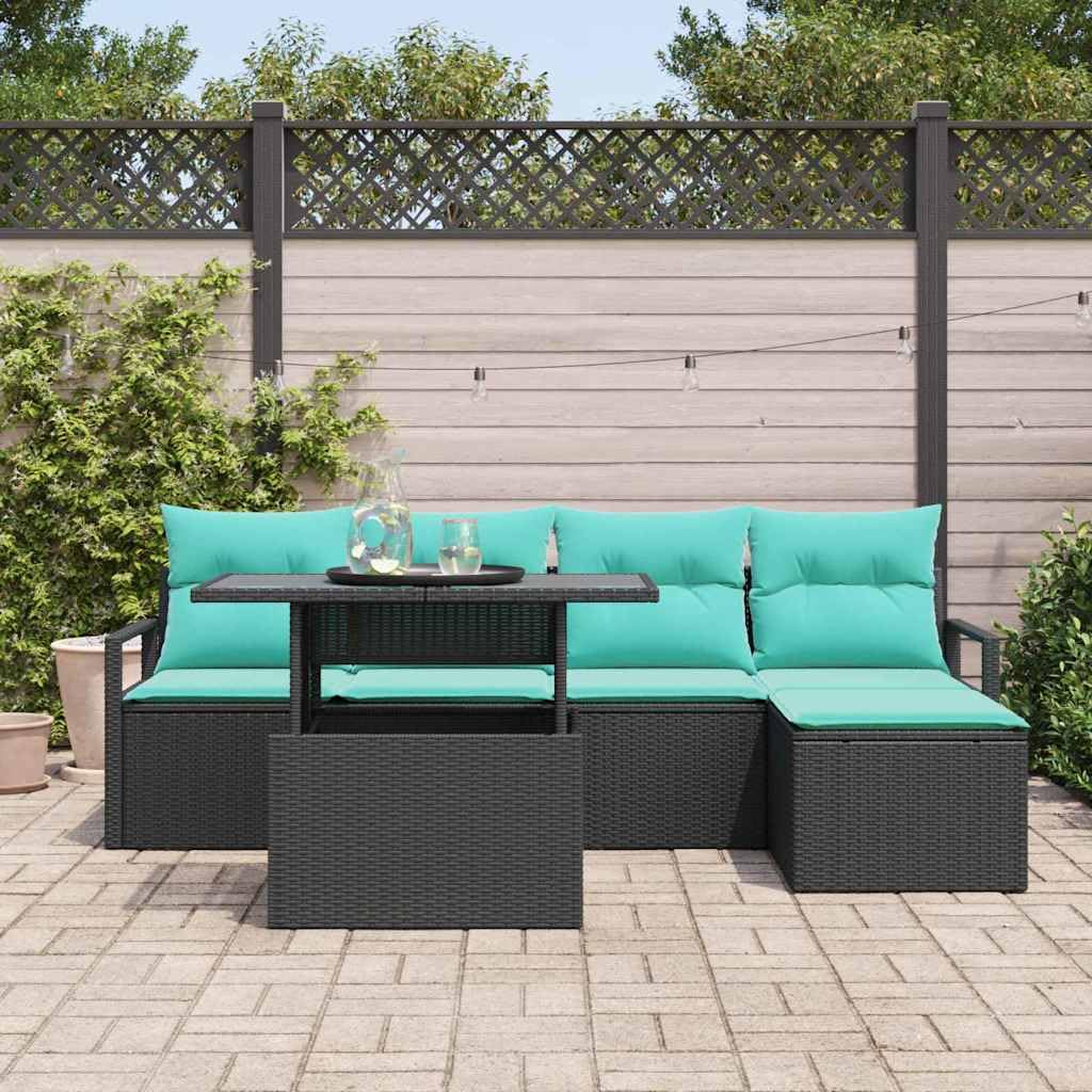 Set di divani da giardino con cuscini, 6 pezzi, colore nero e blu, per terrazza, balcone, giardino, veranda, con imbottiture e schienali, per rilassarsi all'aperto