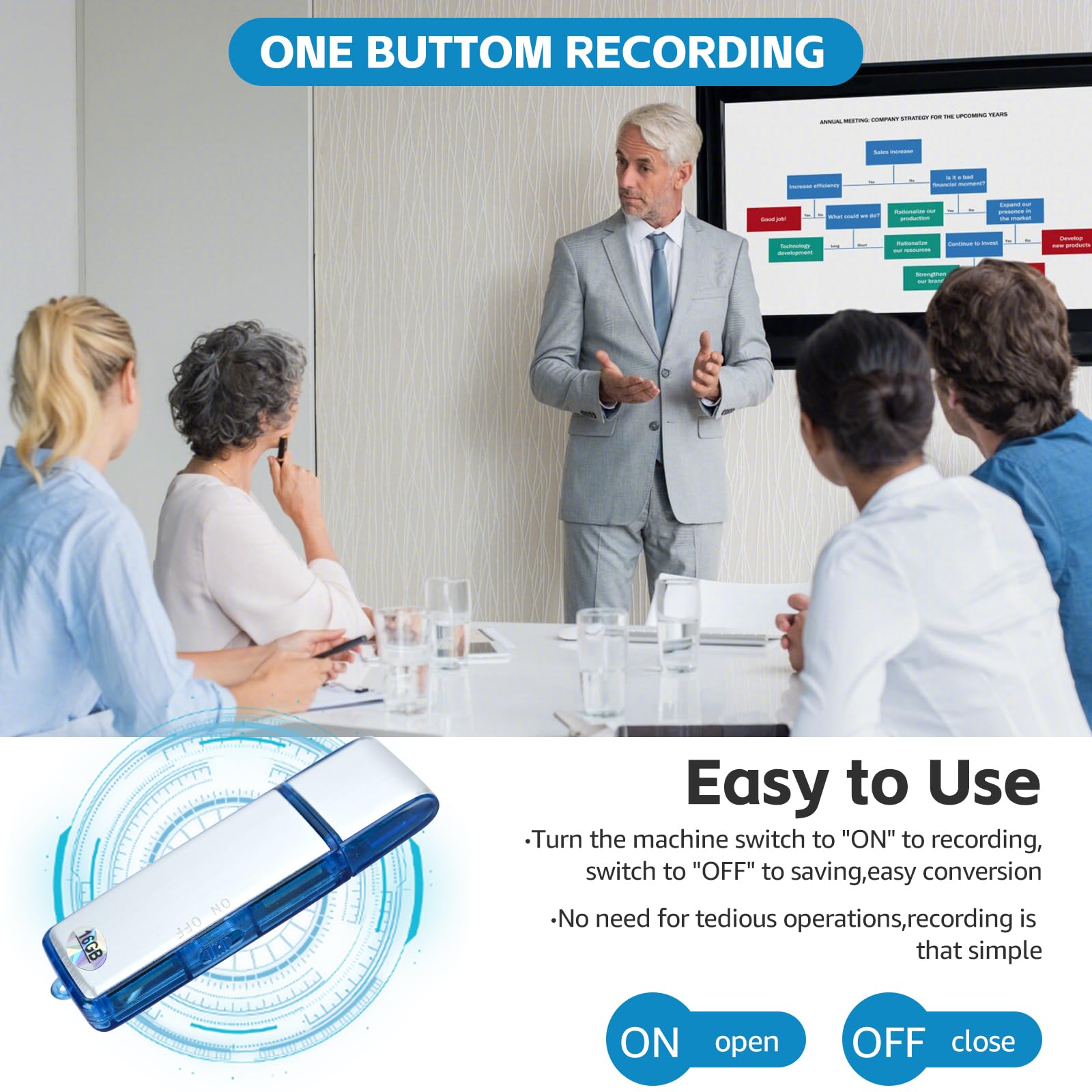 Mini grabadora de Voz Digital 16G – Podazz Sonido Activado 90 Horas de Capacidad USB Recargable Caja de Metal grabadora de Sonido para conferencias reuniones (Azul)