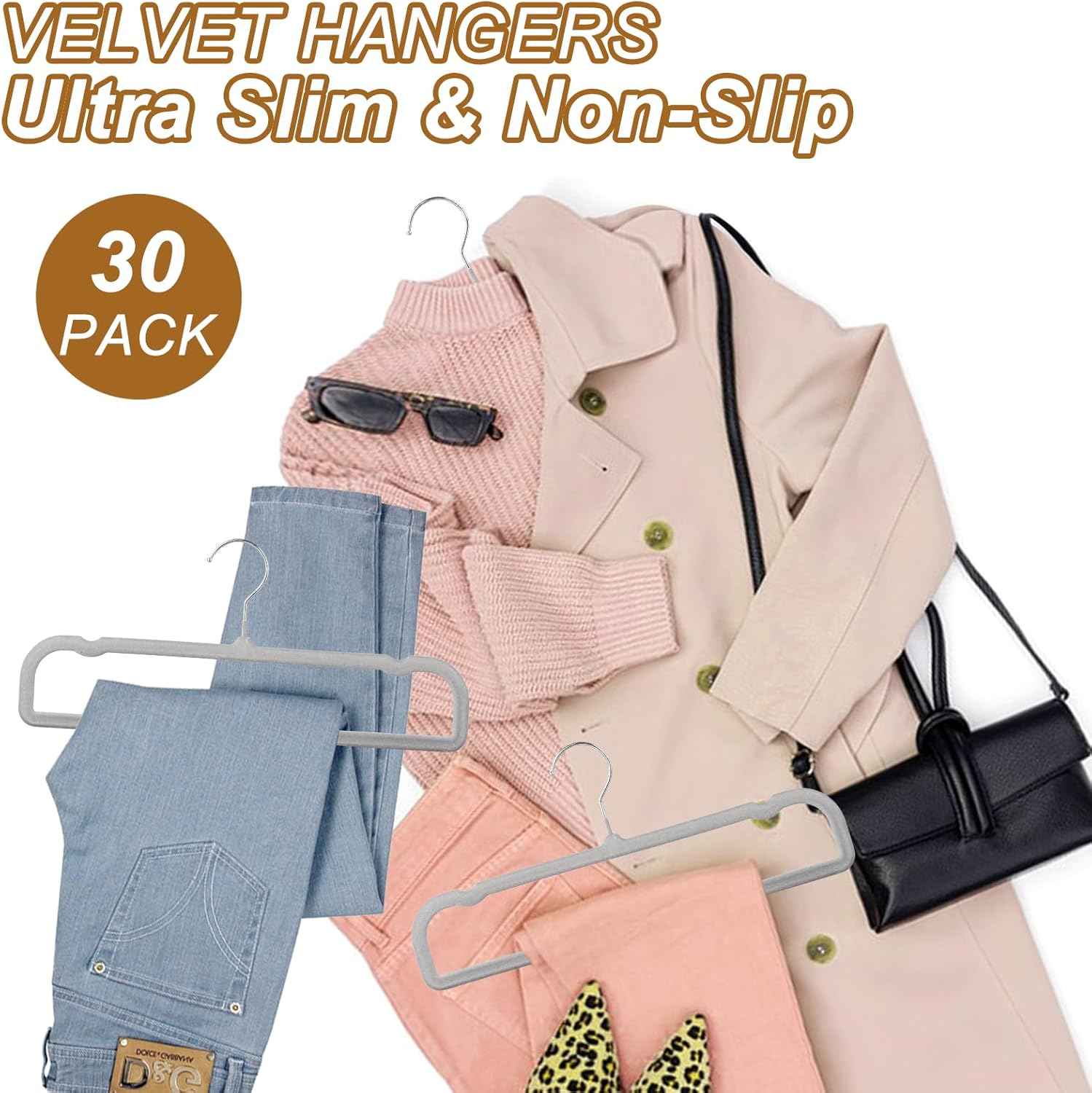 Velvet Pants Hangers Non Slip, 30 Pack Velvet Hangers for Closet with Porous Hooks, Strong Durable Space Saving Slim Clothes Hanger, Ultra Soft Flocked Hanger for Pants/Shirts/Bra/Shorts (Grey)