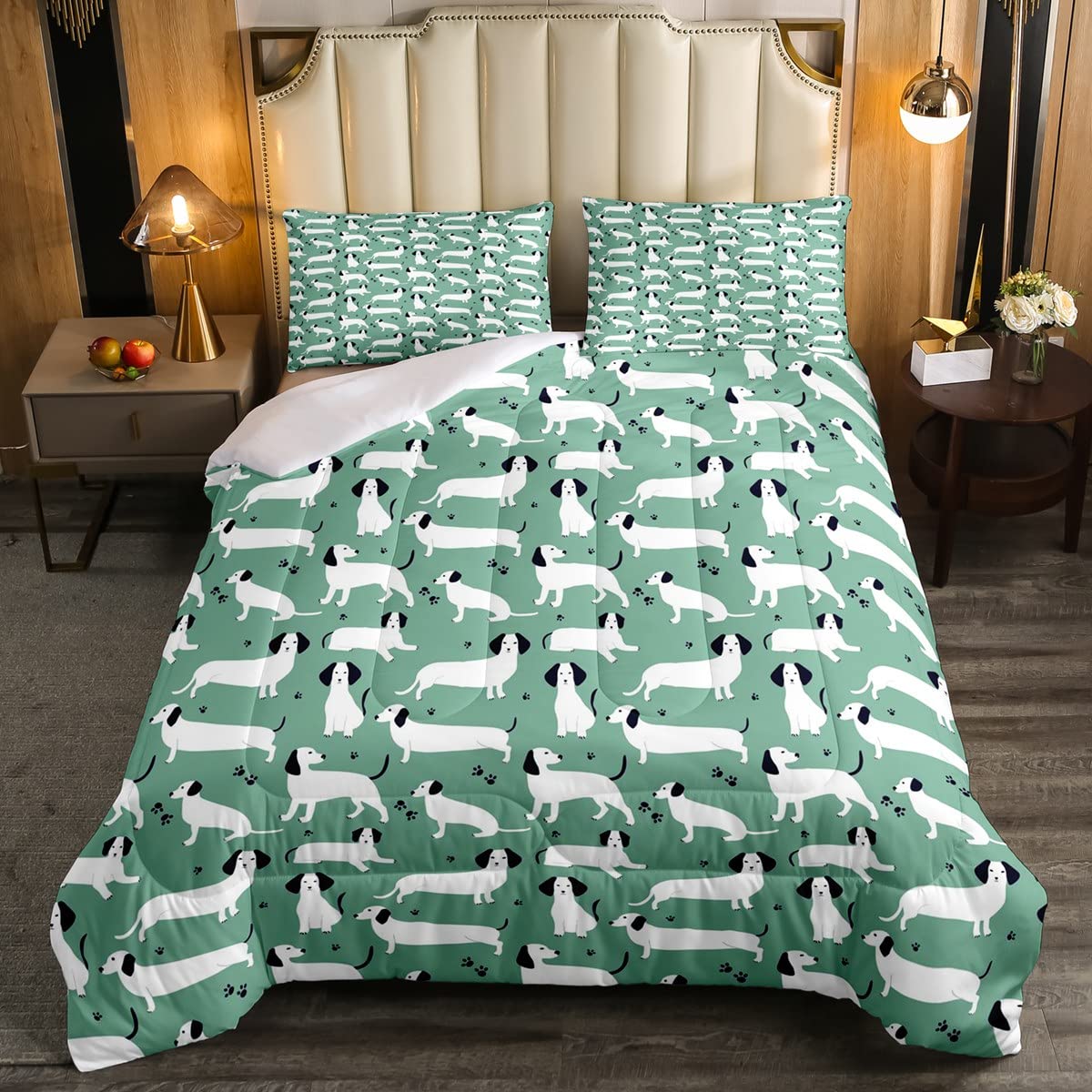 Loussiesd Dachshund Sausage Comforter Set Cartoon Puppy Dog Bedding Set Kids Boys Toddler White Dog Down Comforter Cute Dachshund Dog Room 3Pcs King Size