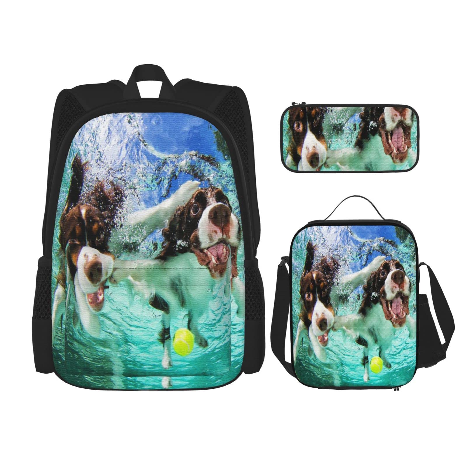 Set di 3 zaini con cani subacquei e cani che nuotano, borsa, astuccio e borsa per il pranzo, per uomini, donne, ragazzi e ragazze.