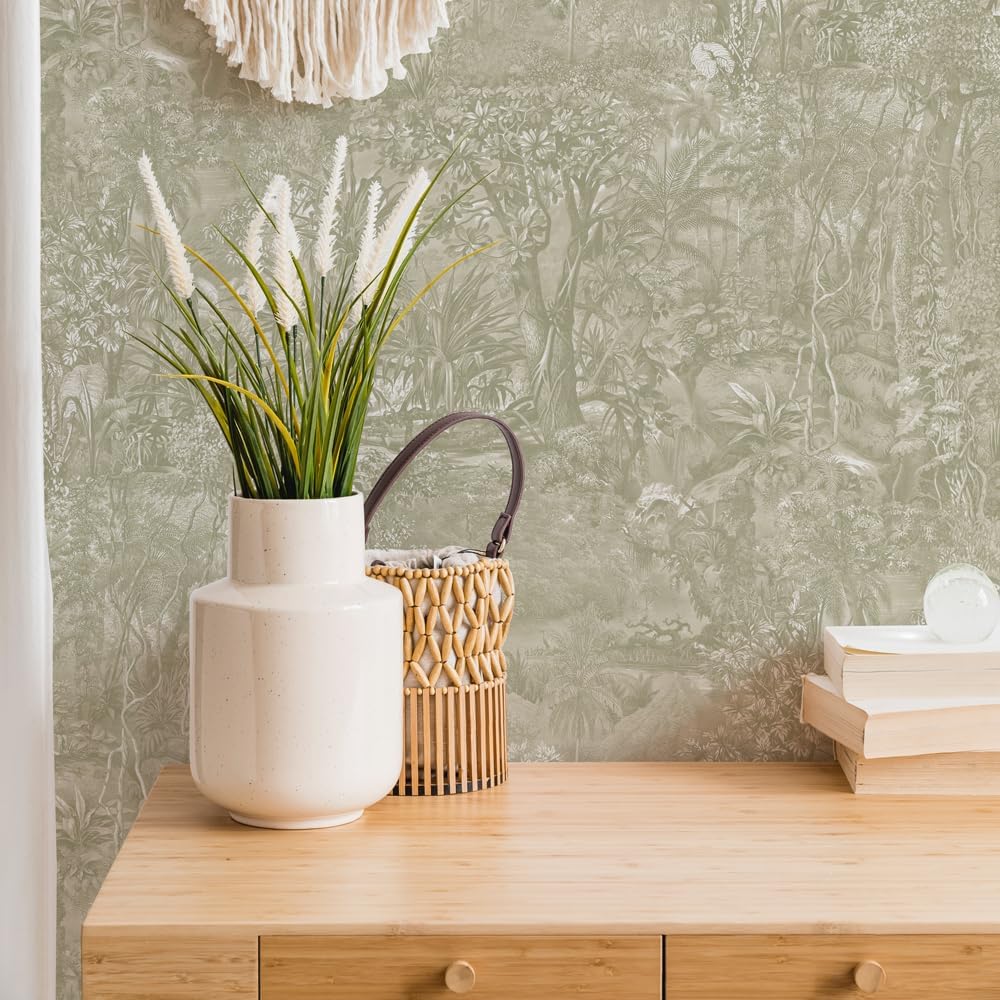 Tempaper Green Jungle Toile Removable Peel and Stick Wallpaper, 20.5 in X 16.5 ft, Made in The USA