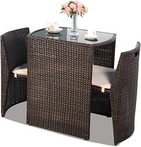 DORTALA 3 Pieces Patio Furniture Set, PE Wicker Chair & Tempered Coffee Table with Comfy Cushions, Modern Bistro Conversation Set, Outdoor Rattan Patio Set for Garden, Backyard, Porch, Compact Storage