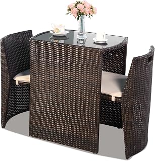 DORTALA 3 Pieces Patio Furniture Set, PE Wicker Chair & Tempered Coffee Table with Comfy Cushions, Modern Bistro Conversation Set, Outdoor Rattan Patio Set for Garden, Backyard, Porch, Compact Storage