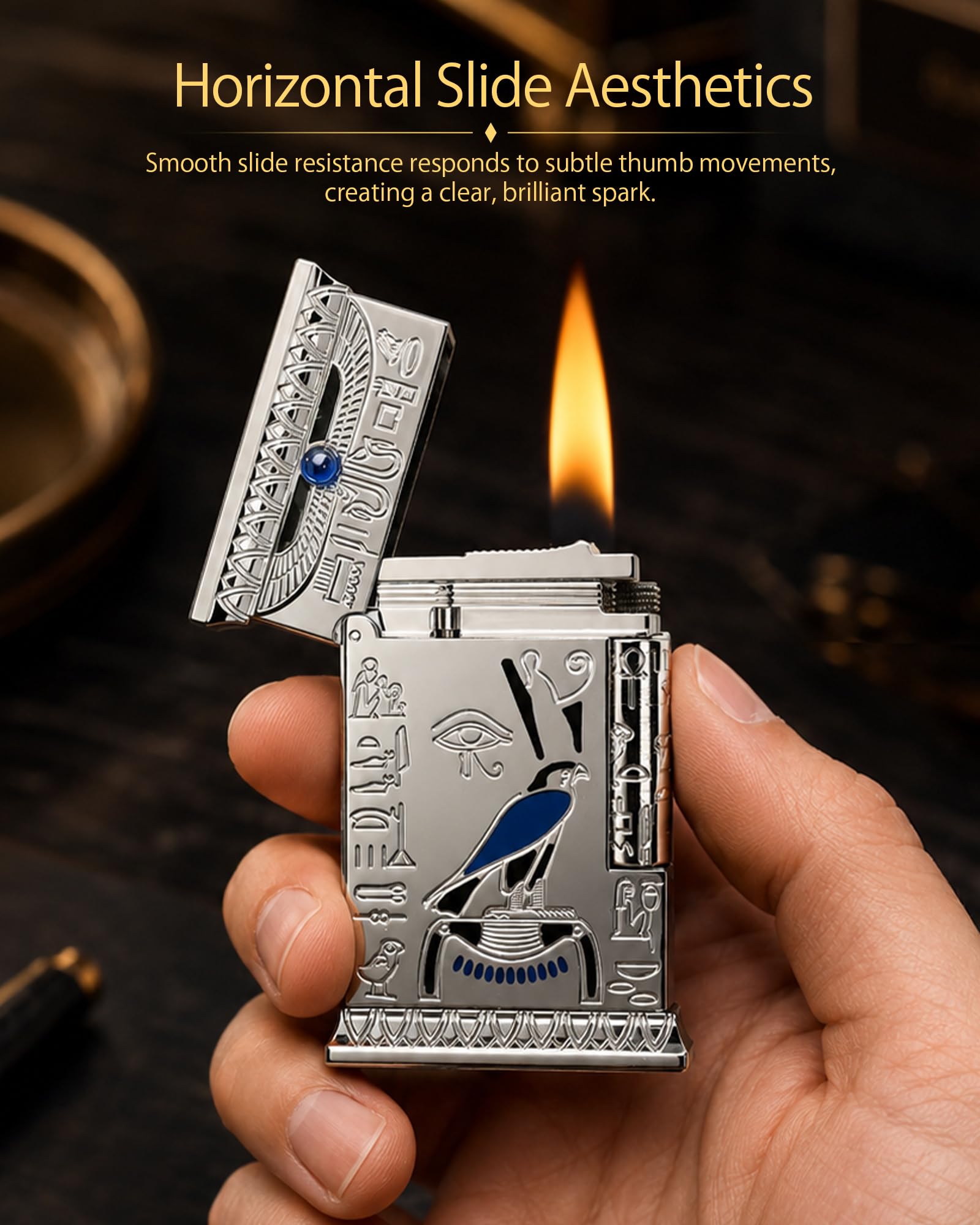 THORENS Pharaoh's Light - Silver Mechero de Queroseno y Latón | Sonido nítido, cromado fino, retro clásico de lujo, recargable, inlay electrochapado, caja regalo, coleccionable hombre
