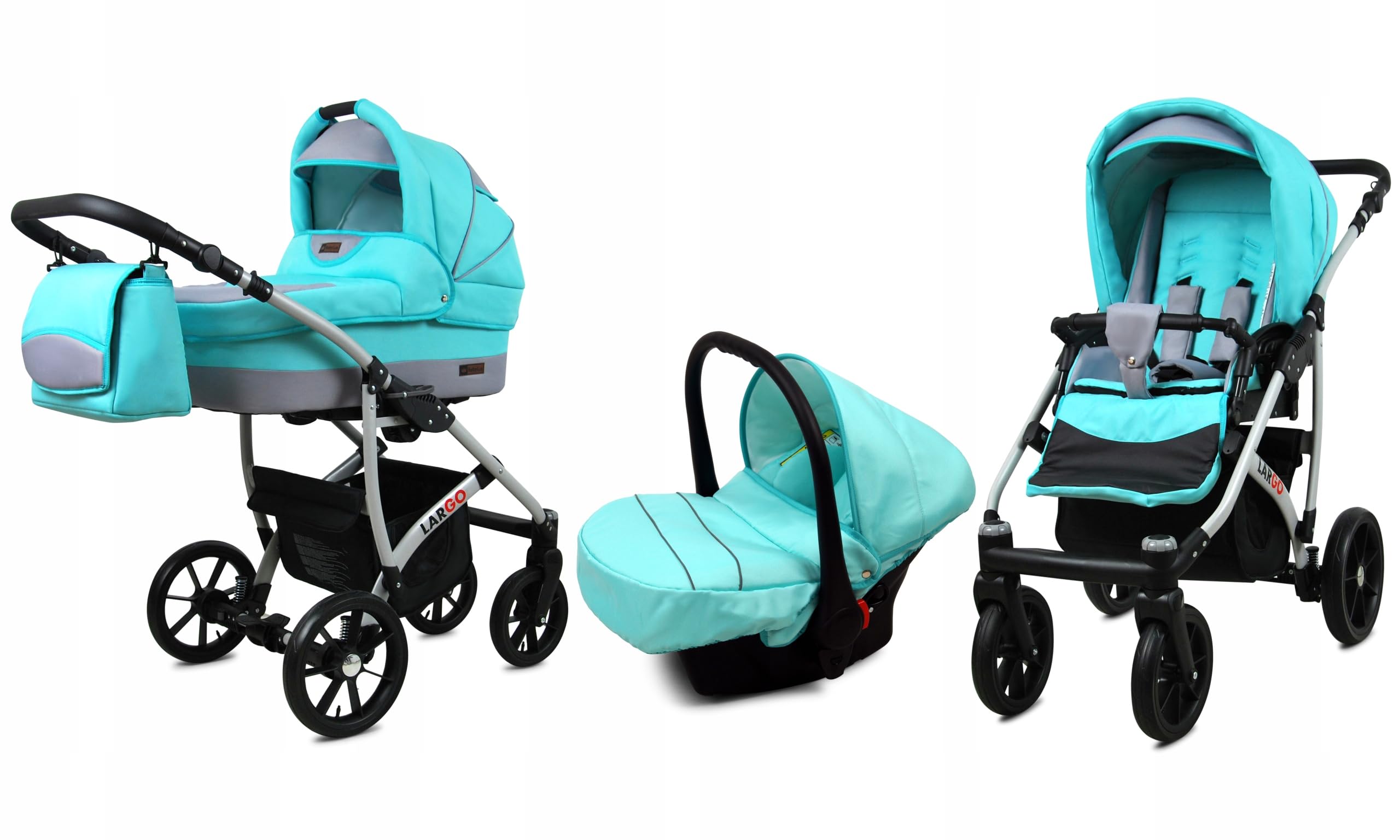 BabyLux® Zestaw wózków dziecięcych 3 w 1 – Largo – w zestawie wanienka dla niemowląt, fotelik sportowy, fotelik samochodowy – zestaw wózków dziecięcych z torbą do przewijania, osłoną przeciwdeszczową