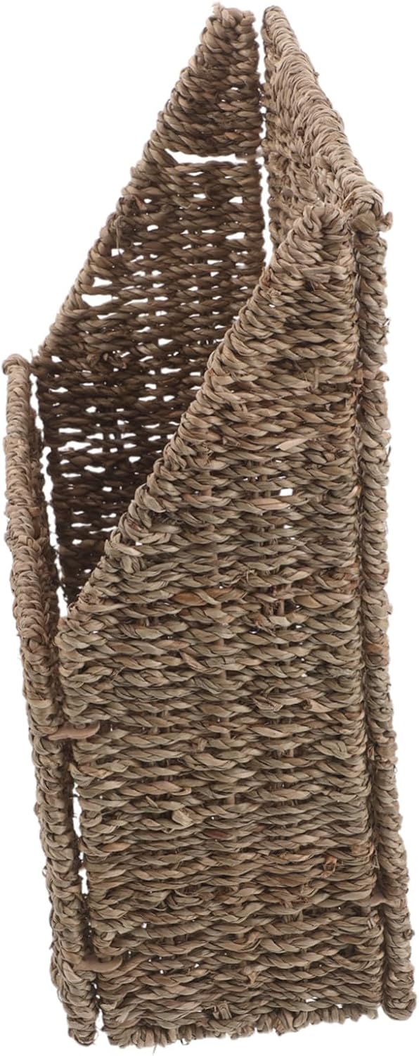 Handwoven Woven Hanging Magazine Holder in Beige Grass Material with Built-in Handle and Slanted Opening, Wall Mounted Storage Basket for Magazines and Books, for Dorm and Office