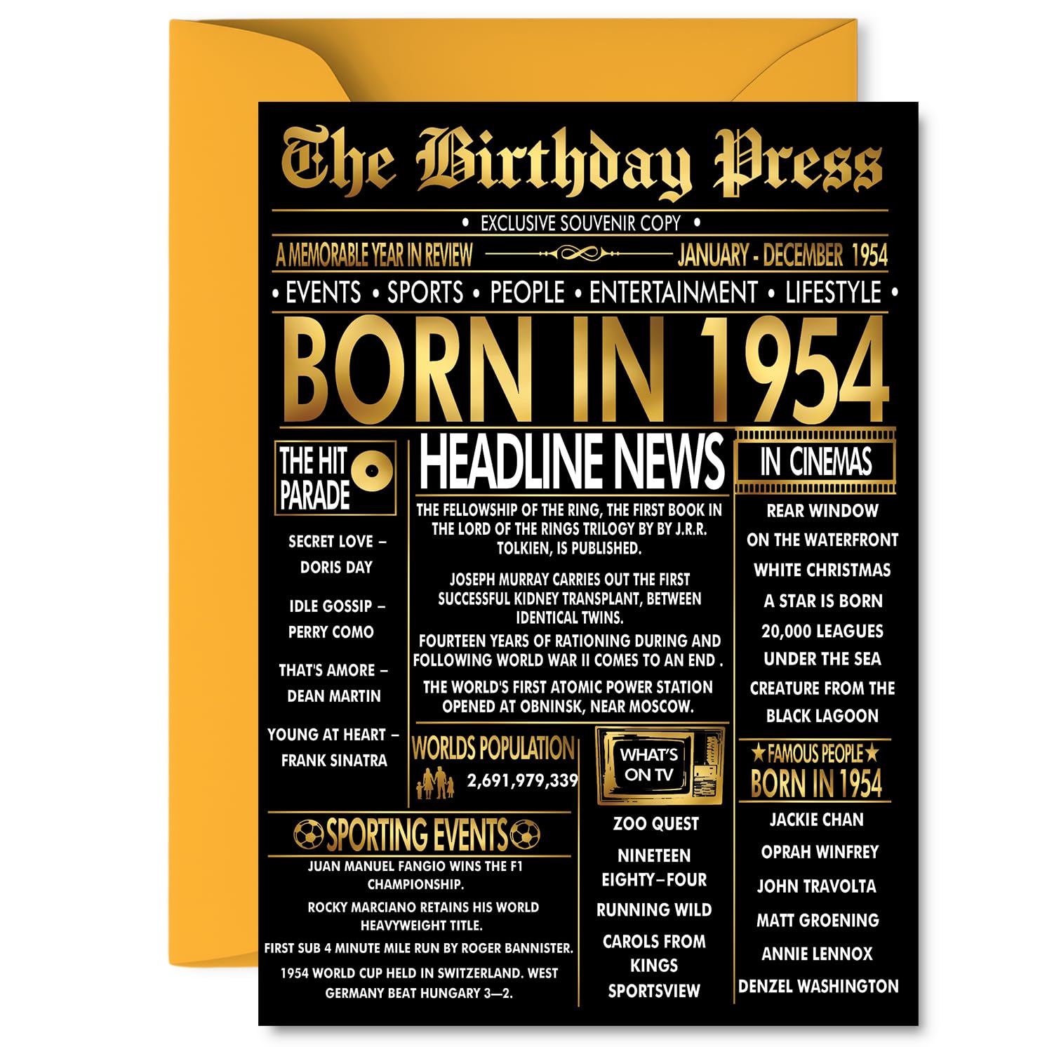 Gold 72nd Birthday Card for Men Women - Black & Golden Newspaper Born in 1954 - Happy 72 Birthday Cards for Grandma Grandad Uncle Sister Cousin Auntie, 5x7 Inch Bday Greeting Cards