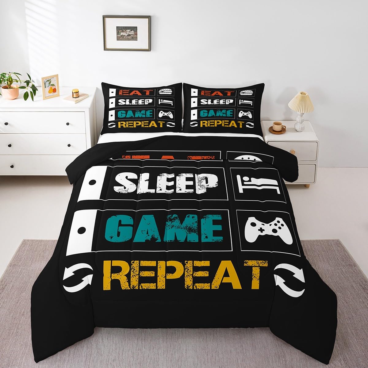 Boys Gaming Comforter Sets for Kids Queen Size Gamer Bedding Set Teens Video Games Comforter Duvet Room Decor Funny Creative Eat Sleep Game Repeat