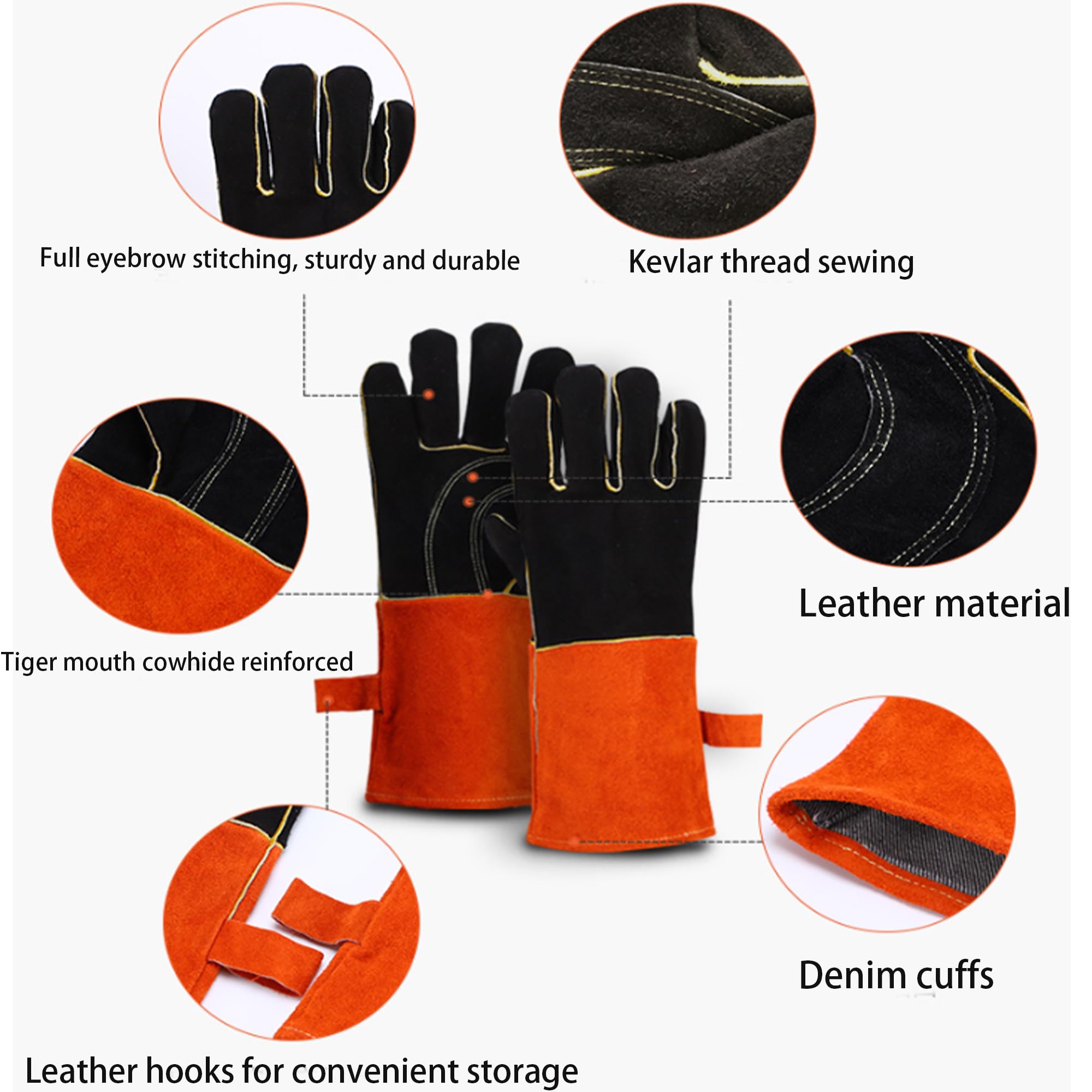 SUQ Guantes de Barbacoa de Cuero Resistentes al Calor, Guantes de Chimenea, Guantes de Horno, Guantes de protección contra el Calor a Prueba de Fuego, Guantes de Soldadura, Jardinería