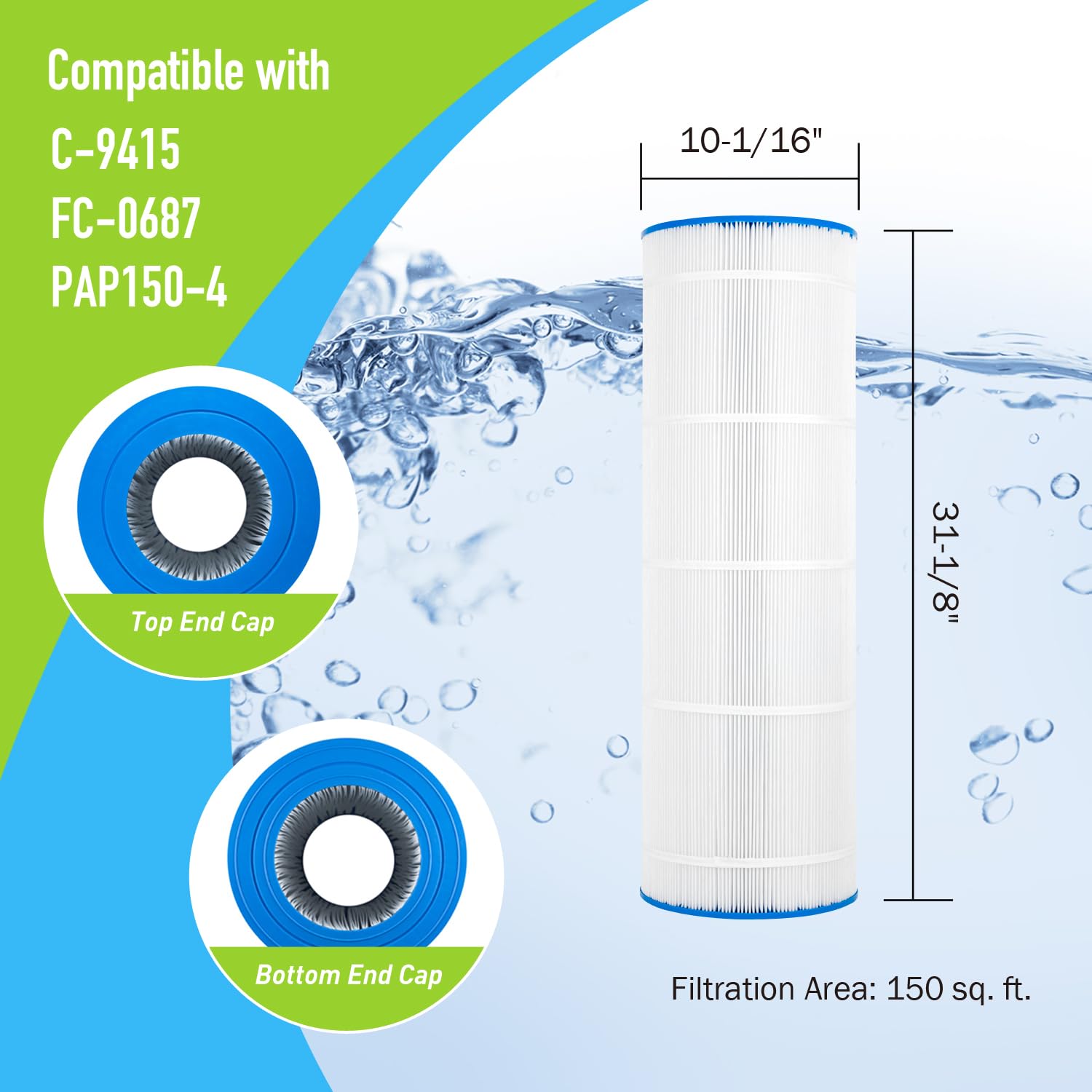 BLUEFLO PAP150 Pool Filter Replaces Unicel C-9415, Filbur FC-0687, Pentair CC150, CCRP150, R173216, 59054300, 160317, 160355, 160352, 31-1/8” x 10-1/16”