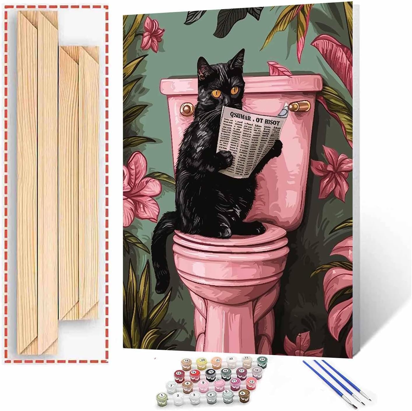 Funny Bathroom Animals Paint by Number Kits On Canvas for Adults Acrylic Paint Drawing Paintwork with Paintbrushes Black Cat on Toilet Oil Painting Kits for Adults Home Wall Decor16x20In Frame 16''x20''(DIY Frame) Paint by number-Closestool 01