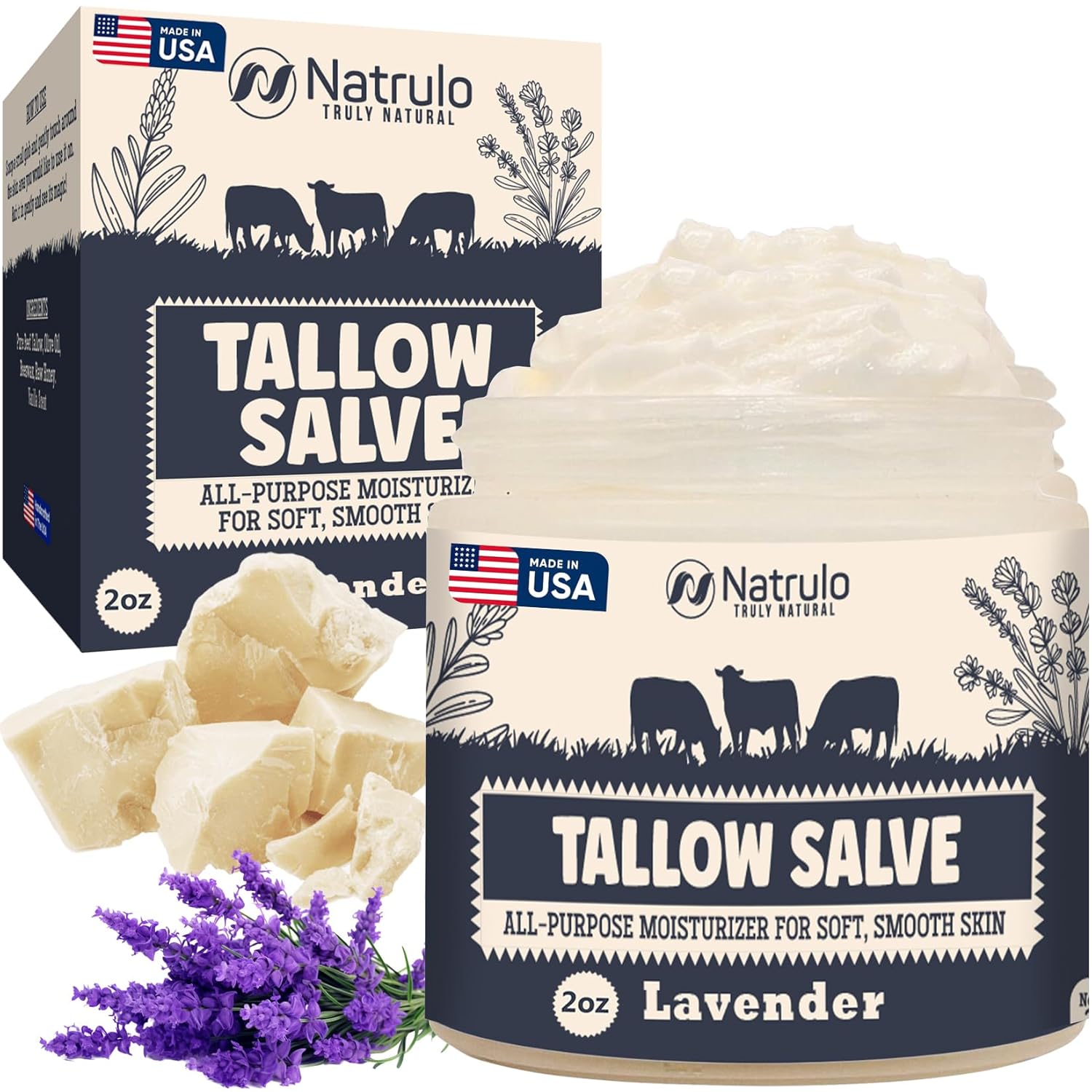 Natrulo Beef Tallow Salve – All Natural Grass Fed Beef Tallow & Honey All Purpose Balm – Moisturizing Body Salve Great for Eczema, Cracked, Dry, Itchy, Irritated Skin – Skin Repair Skincare Made in USA