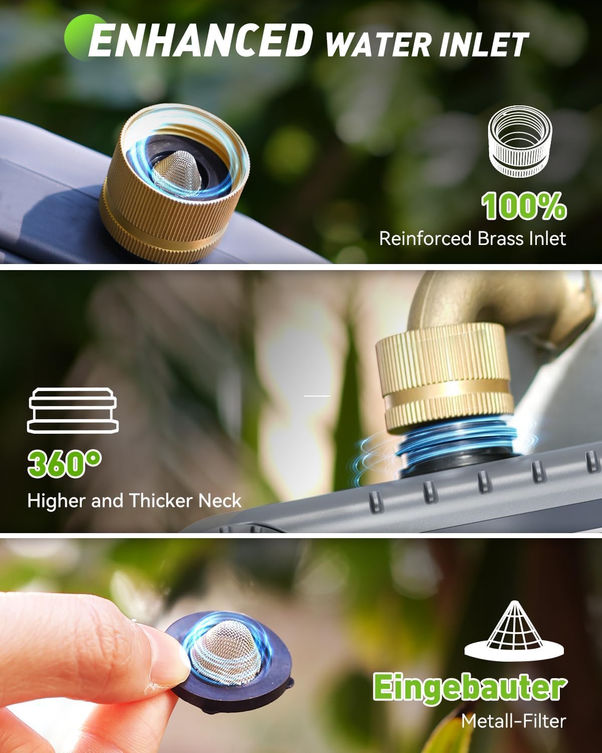 Close-up of the reinforced brass inlet and internal filter of the RAINPOINT Irrigation Computer
