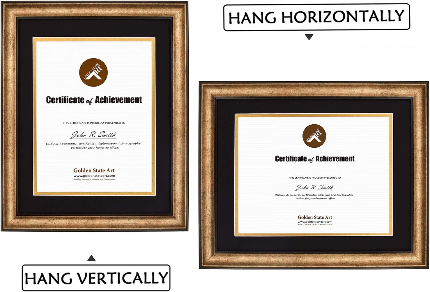 Golden State Art, 11x14 Vintage Antique Style Gold Document Frame for 8.5x11 Diploma/Certificate, Sawtooth Hangers for Wall Mounting with Real Glass, Black Trim (Black/Gold Double Mat)