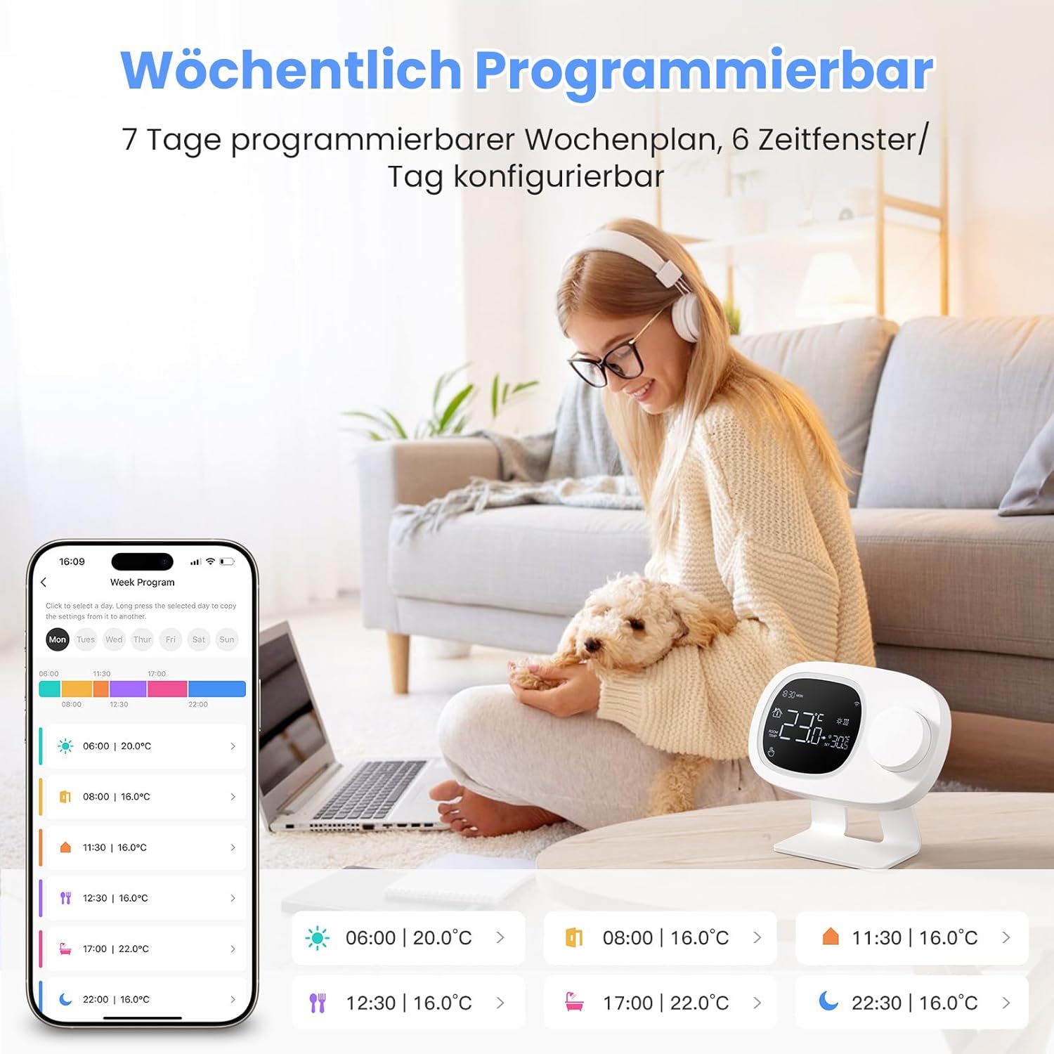 Smartphone screen showing the weekly programming interface of the thermostat app with different temperature settings for various time slots.