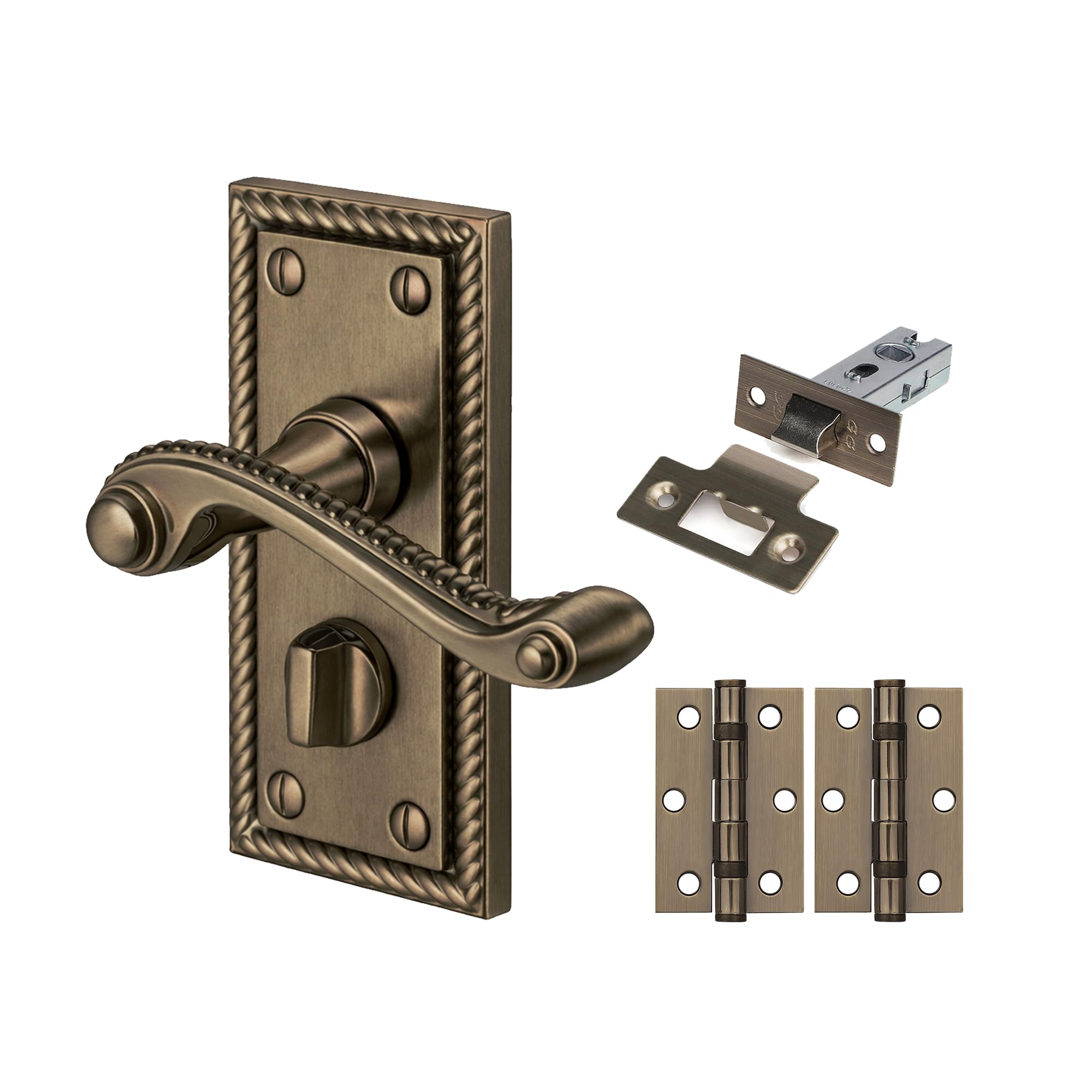 Golden Grace Georgian Privacy Door Handle Set Antique Brass Finish with Hinges
