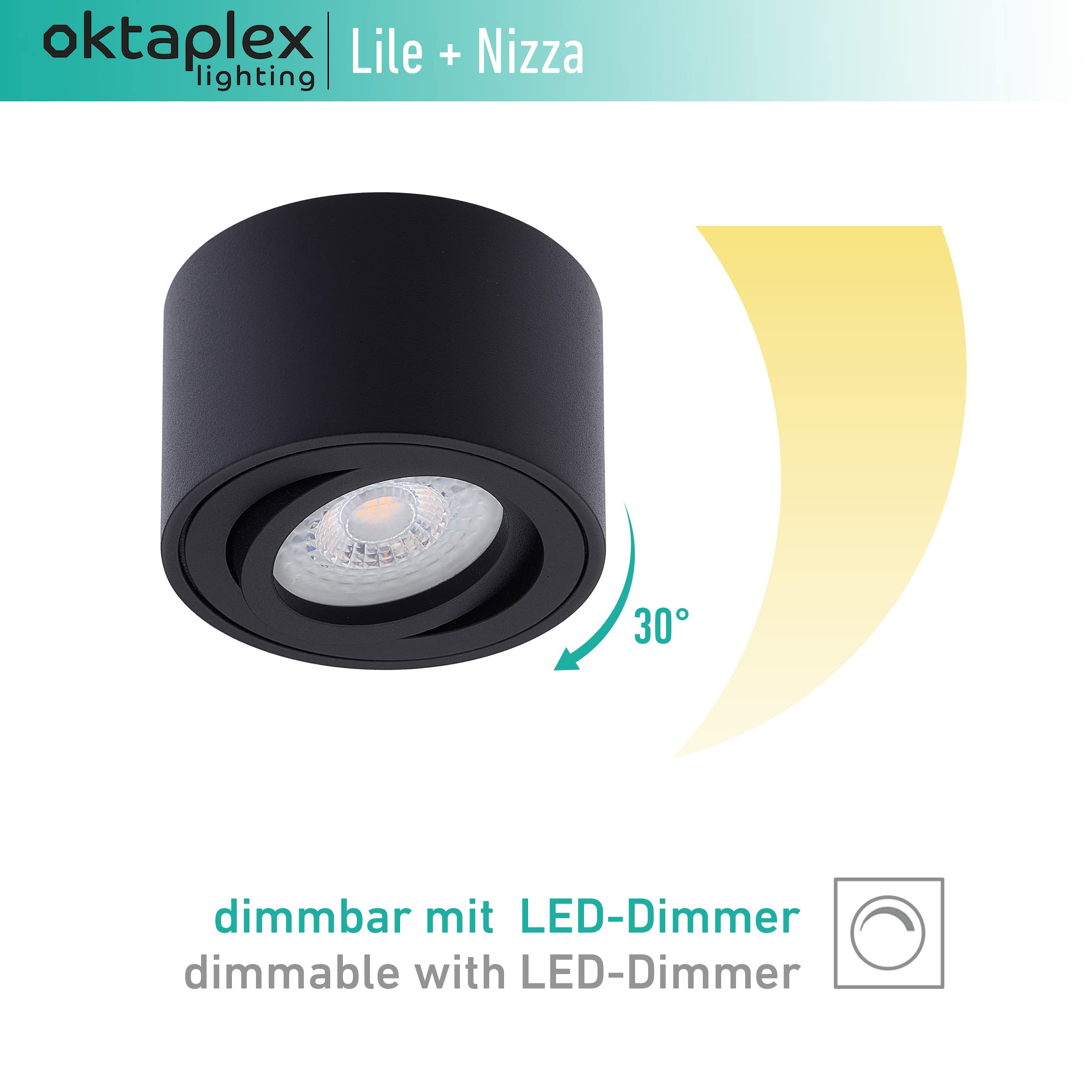 Oktaplex 3 pièces Spot apparent Lile Noir - avec module LED dimmable 5W 230V 3000K Blanc chaud 80x50mm Spot apparent en aluminium orientable