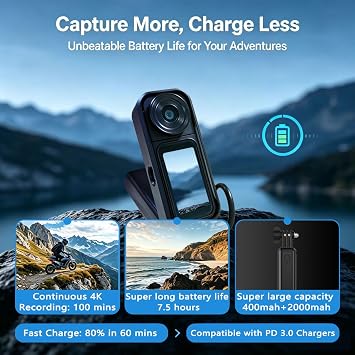 KG210 Touchscreen 4k Camera with 180 Rotating Lens, Mini Wearable Body Worn Action Camera, Thumb Size, with 360Rotatable Magnetic Clip,Mount Anywhere for Security, Work, Guard, Travel,Daily