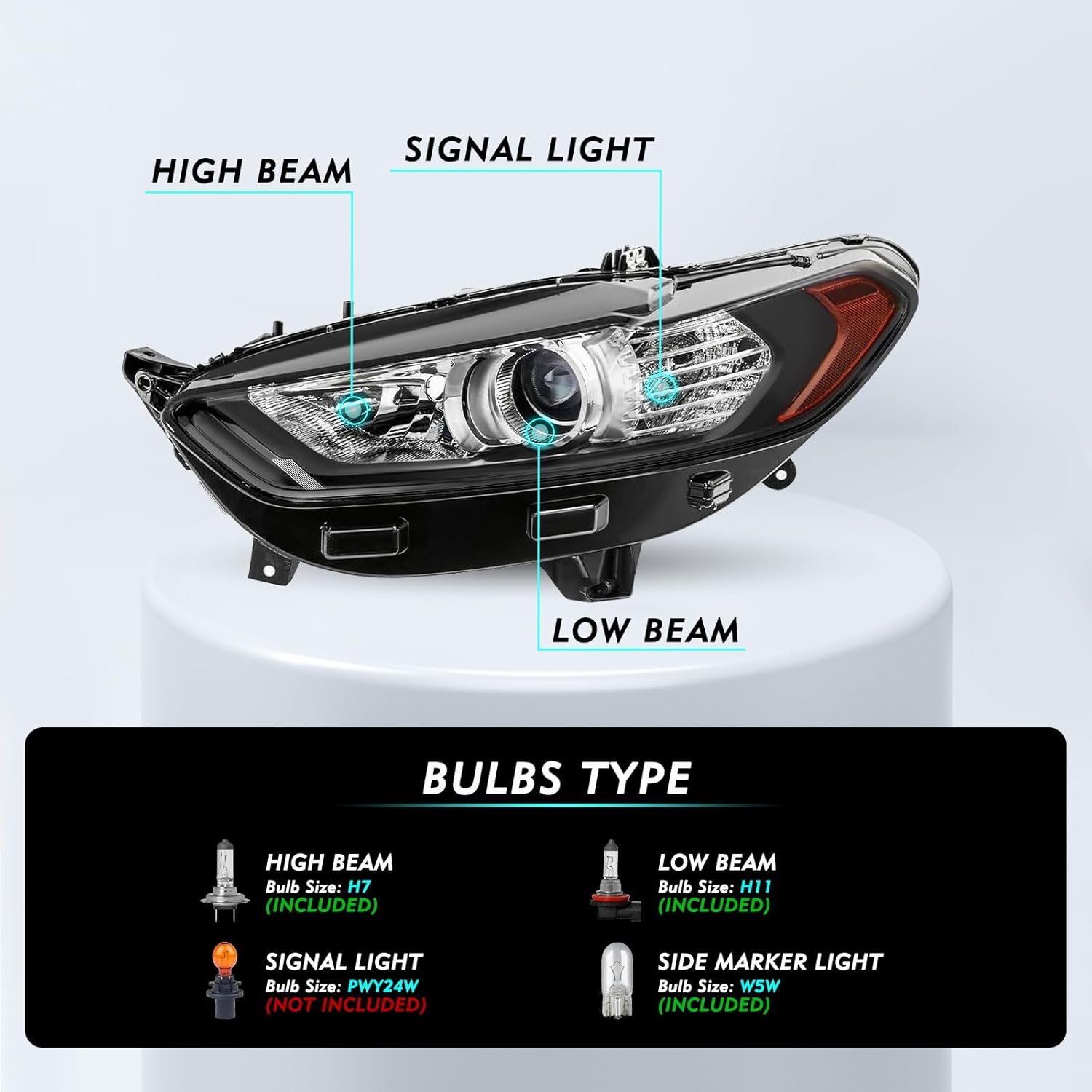 Headlight Assembly Set with Bulbs Compatible with 2013-2016 Ford Fusion Driver and Passenger Side (Black Housing with Amber Reflector)