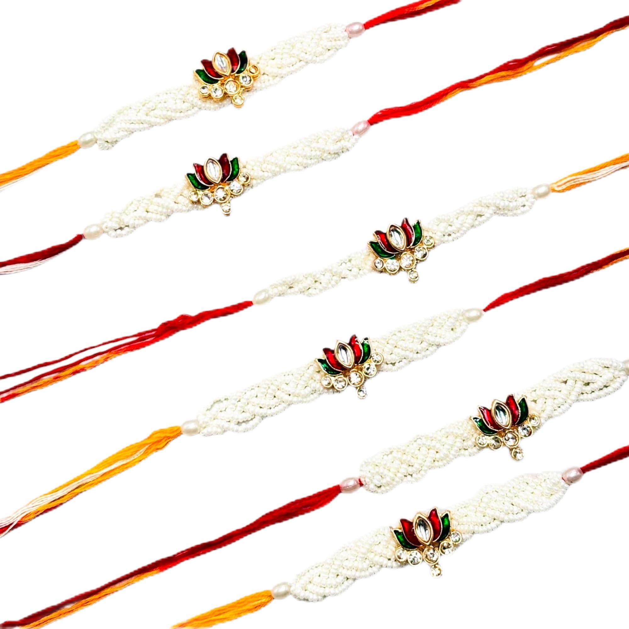 Beaded Rakhi Combo with Kundan Floral Motif, Set of 6-image-7