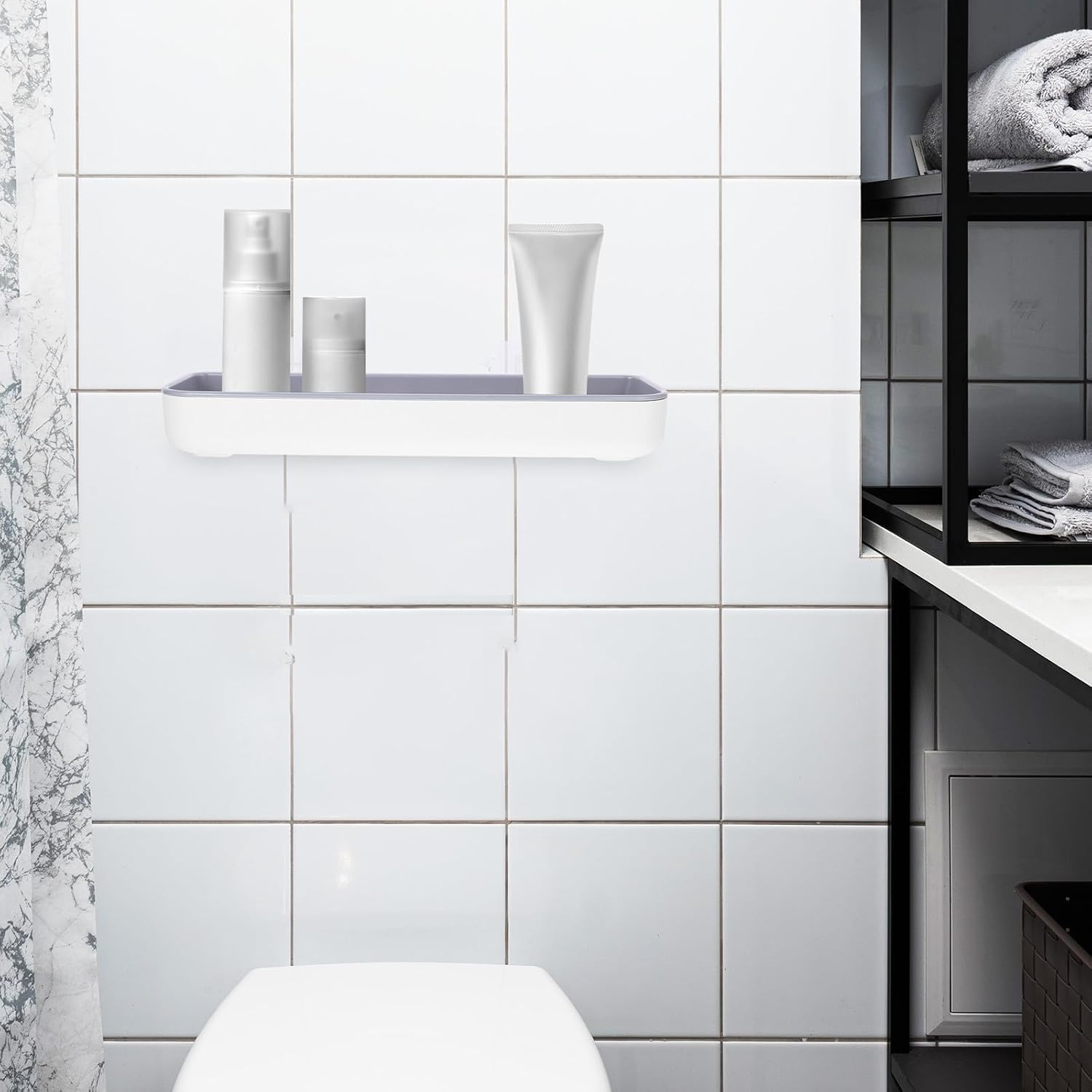 Plastic Bathroom Organizer Shelf with Drain Holes Design Sleek Modern Over-the-Toilet Storage Rack for Bathroom Vanity Small Floating Wall Shelf for Organizing