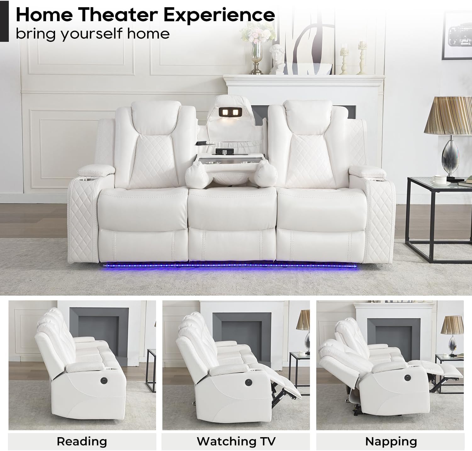 Power Reclining Sofa Couch with Wireless Charger, 3 Seaters with Recliner with Reading Light, Leather Electric 3 Seat Sofa Sectional Set for Living Room, Home Theater Seating with LED Lights, White