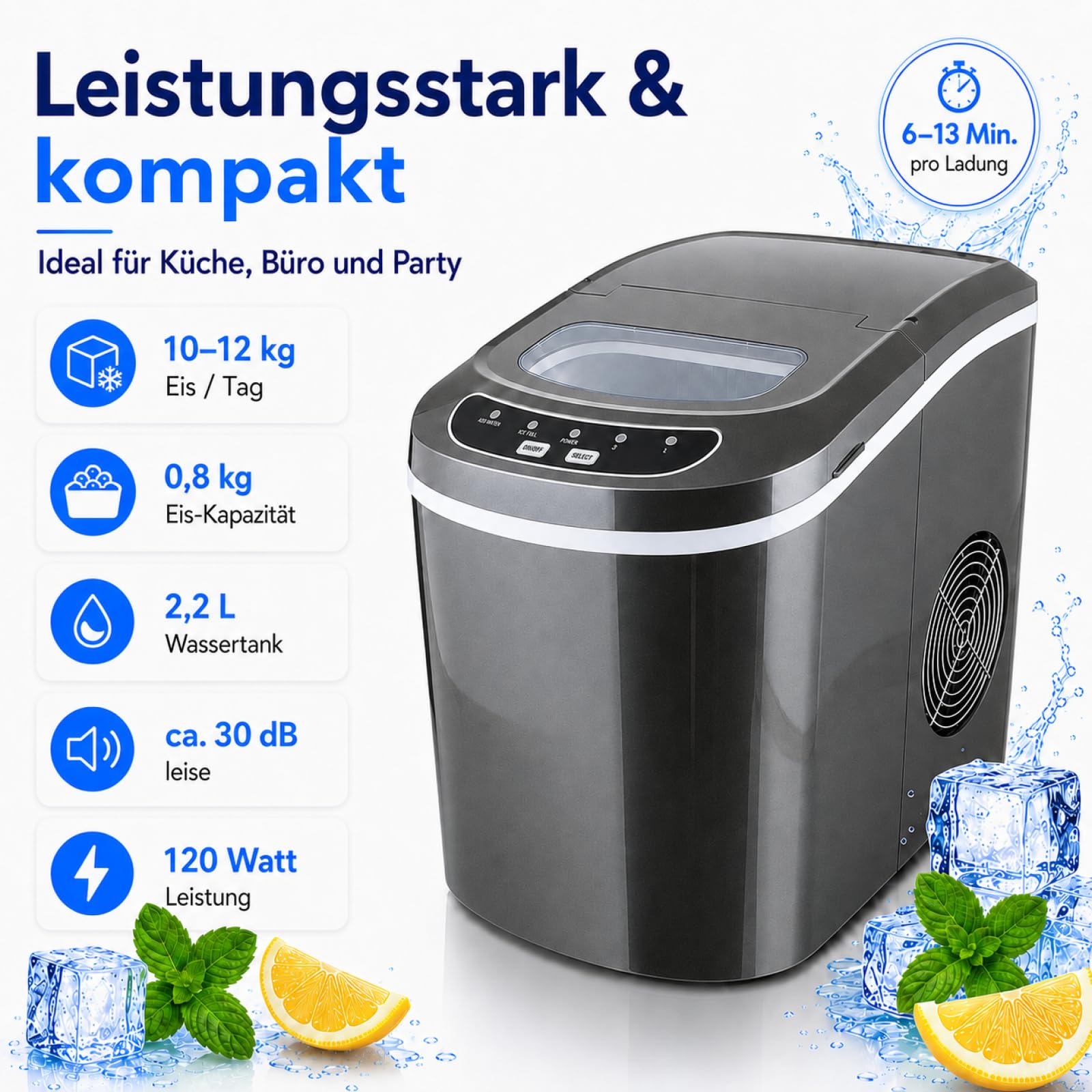 Eiswürfelmaschine Eiswürfelbereiter Eiswürfel Ice Maker EIS Maschine Icemaker (Dunkelgrau)