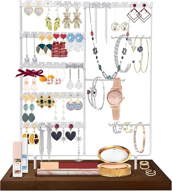 Earring Holder Organizer, JOENCOST 5 Tier 95 Holes Earring Tree Jewelry Display Stand with Sturdy Wooden Storage Tray, Ear Stud Rack for Earrings Necklaces Bracelets Watches Rings