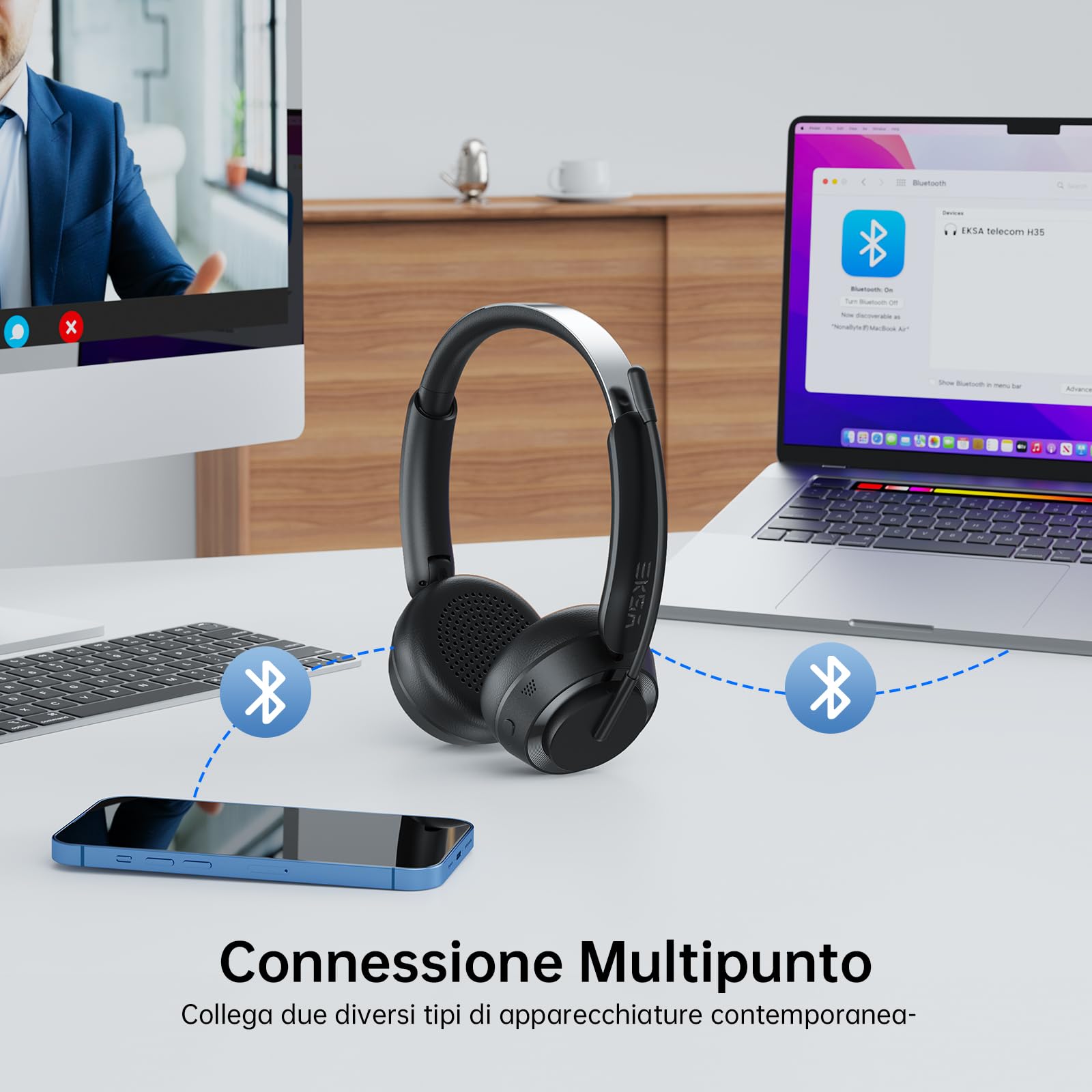 EKSA H35 Cuffie Wireless per PC, Cuffie Bluetooth con Microfono, Cancellazione del Rumore, 25+ Playtime, Connessione multipunto a computer e cellulare, Compatibile con Windows, Mac, Android,iOS