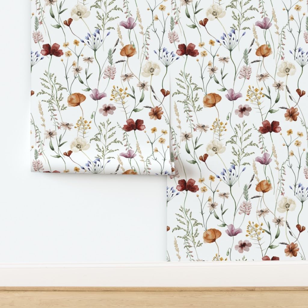 Spoonflower Removable Wallpaper 6ft x 2ft - Meadow Vintage Floral Bohemian Summer Cottagecore Custom Pre-Pasted Wallpaper