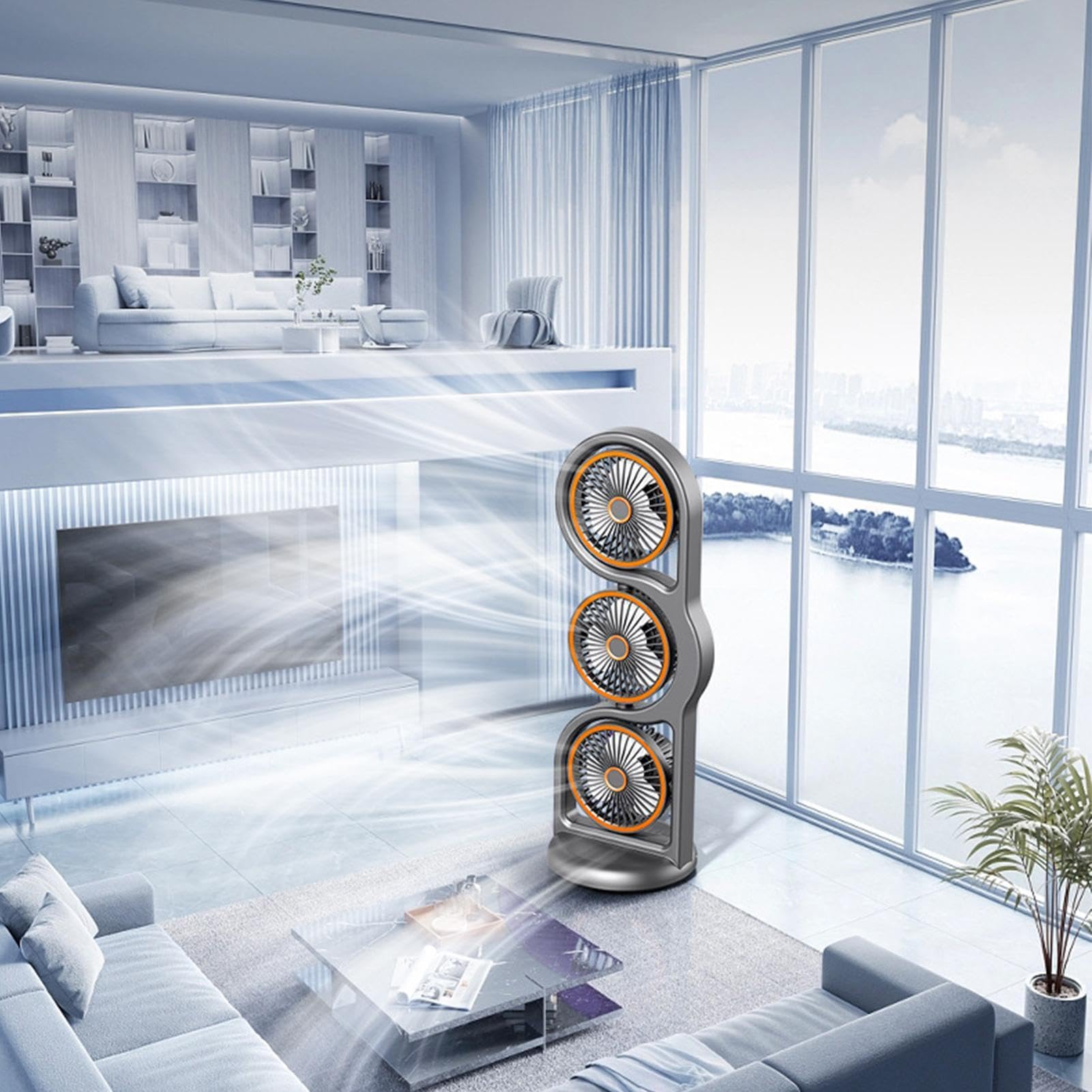 Ventilatore da Scrivania per Ufficio 5 Modalità 3 Teste Rotazione a 360° | Ventilatore Da Tavolo Portatile A Tre Teste per Casa, Appartamento, Camere, Esterno, Campeggio, Pesca, Pic