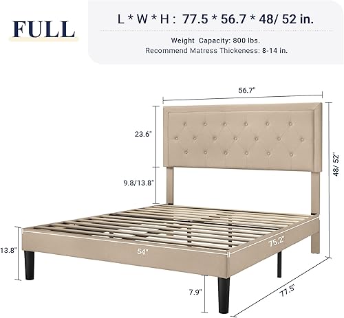 Miniatura 68 de Allewie - Base de cama copetuda, tamaño Matrimonial, con plataforma, tapizado de tela, con botones y cabecera ajustable, soporte con rejilla de Gris