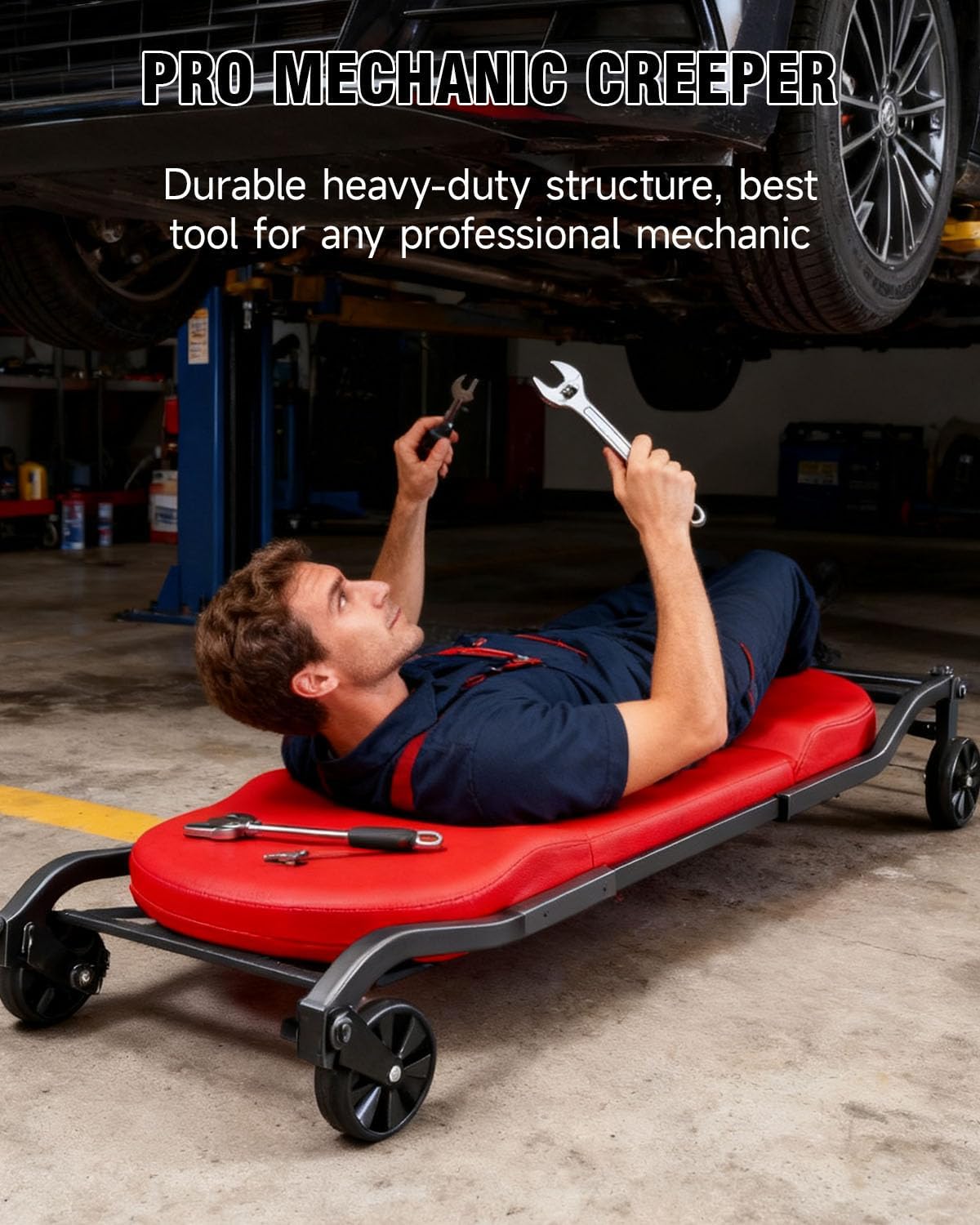 INCENDIOS 43.4 Inch Heavy Duty Mechanic Creeper with Padded Headrest & 360° Swivel Casters, Oversized Garage Creeper for Auto Repair Shop & Workshop, 330 lbs Load Capacity Automotive Rolling Creeper