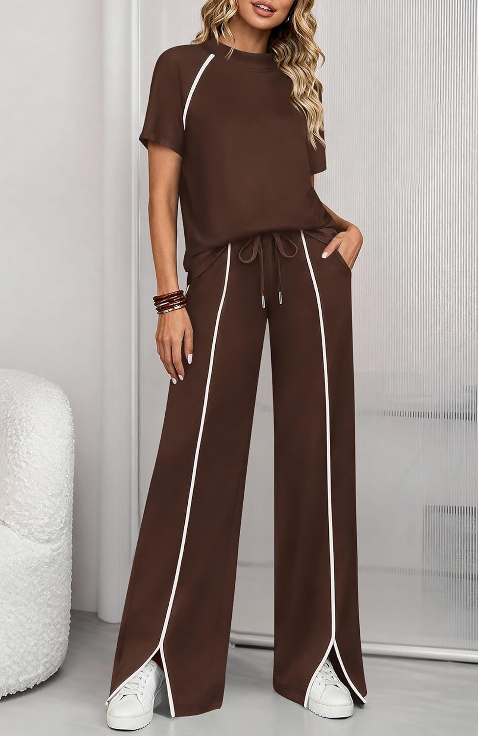 BTFBM Casual Two Piece Sets For Women Summer Outfits Solid Matching Sweatsuit Lounge Set Wide Leg Pants Workout - Image 7