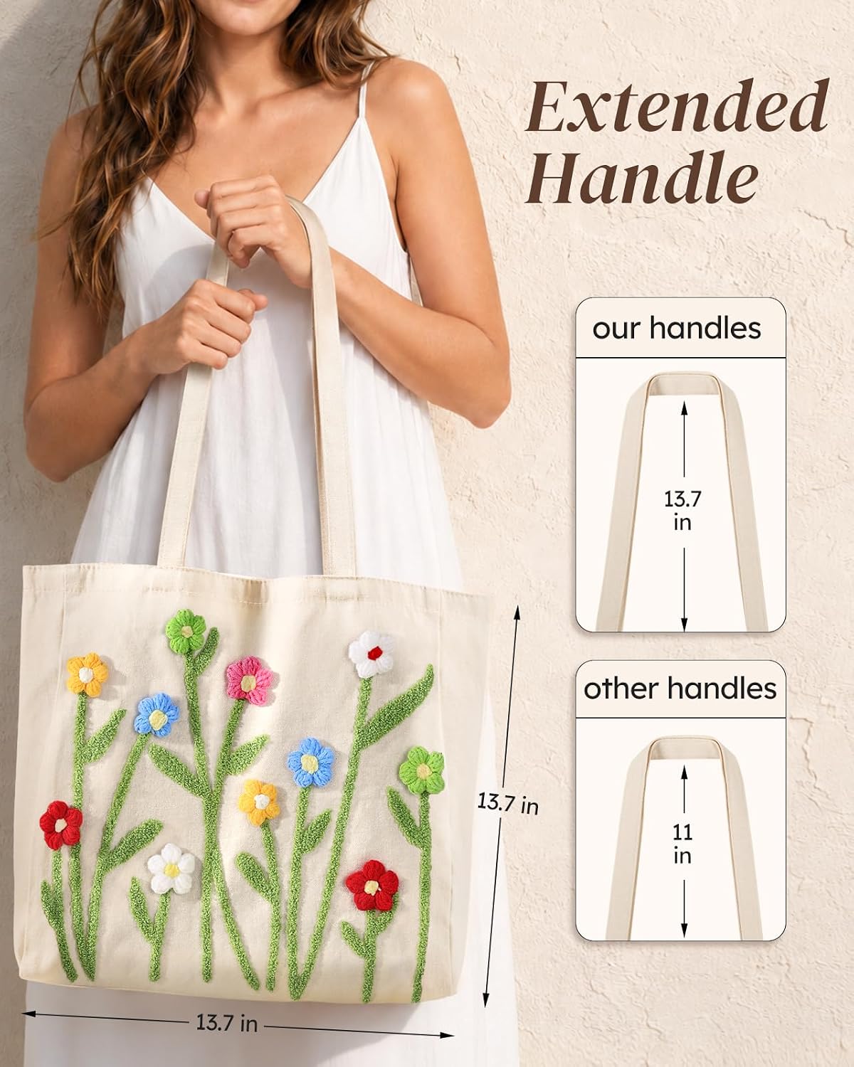 Floral Embroidery Canvas Tote Bag with Magnetic Closure for Daily image 2