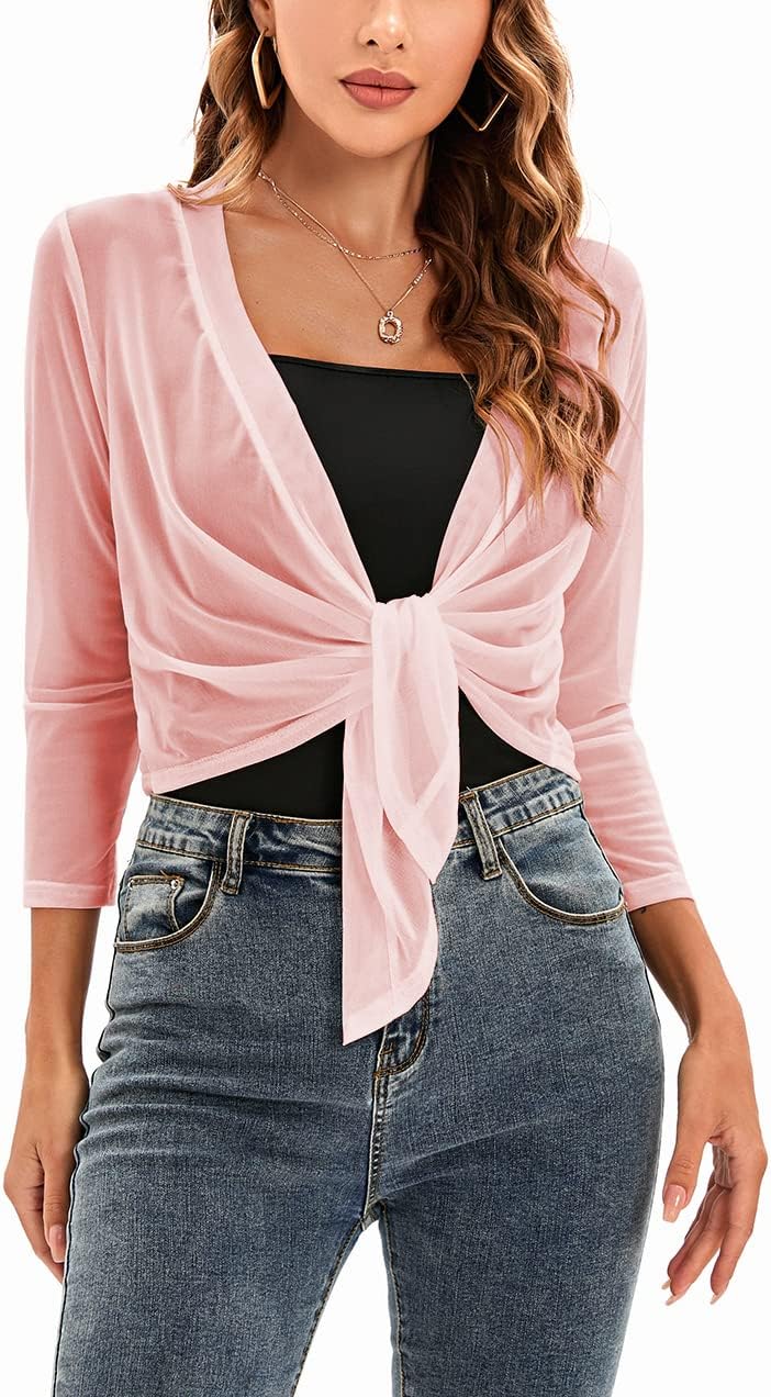 Womens Tie Top 3/4 Sleeve Shrug Bolero Cardigan Lightweight Shrug