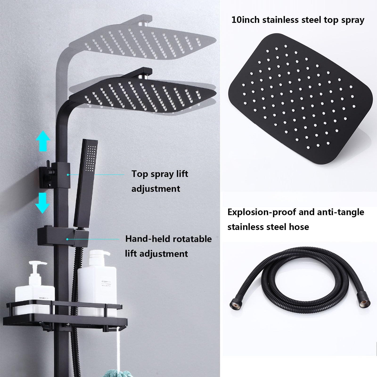 Sistema Doccia Nero con Display Digitale, Set Rubinetto termostatico per Bagno a 4 Vie con beccuccio per Vasca, soffione a Pioggia da 10", doccetta e doccetta per Bidet