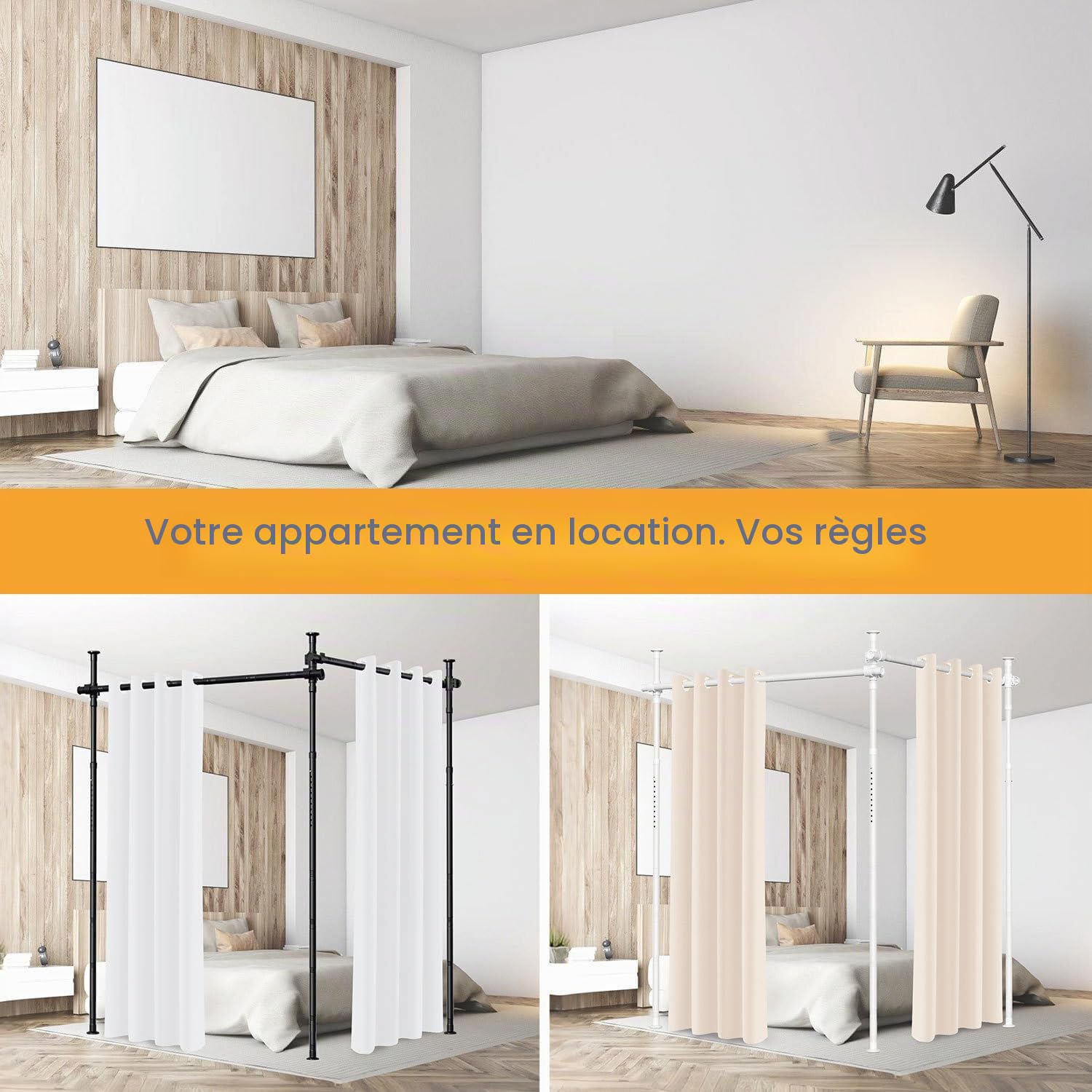 Séparateur de pièce sans perçage, réglable en hauteur (122-320 cm) et largeur (70-355 cm), tringle à rideau, brise-vue pour salon, chambre à coucher, métal, instructions en allemand/blanc