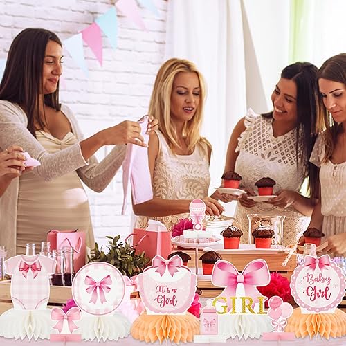 Miniatura 8 de 12 piezas de decoración de mesa de nido de abeja con lazo rosa para bebé, decoración de mesa con patrón de bienvenida para recién nacido, perfecto