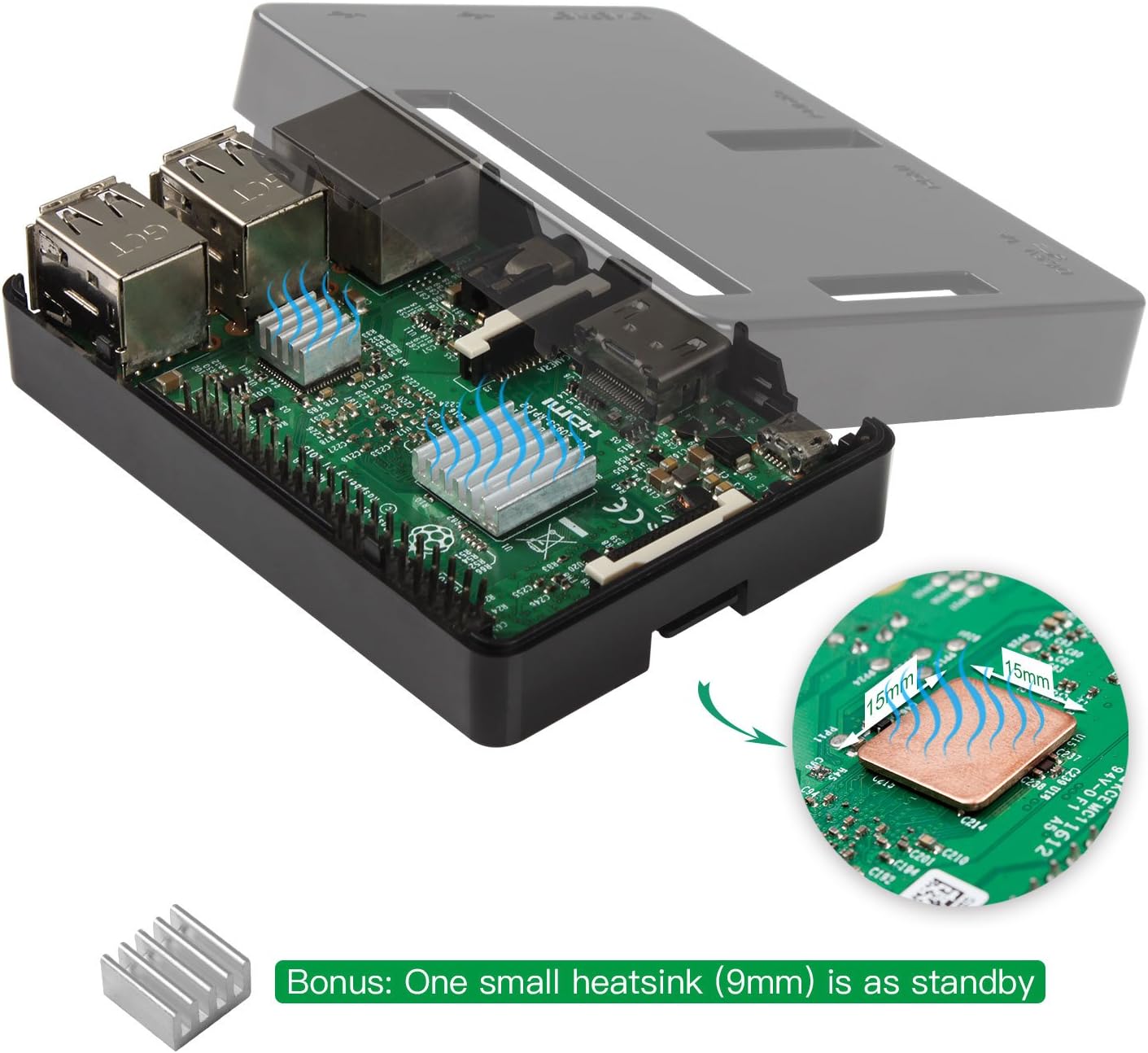 Smraza Case for Raspberry Pi 3 B+, 3 Model B Black Case, 2.5A Power Supply with On/Off Switch,3 Heatsinks
